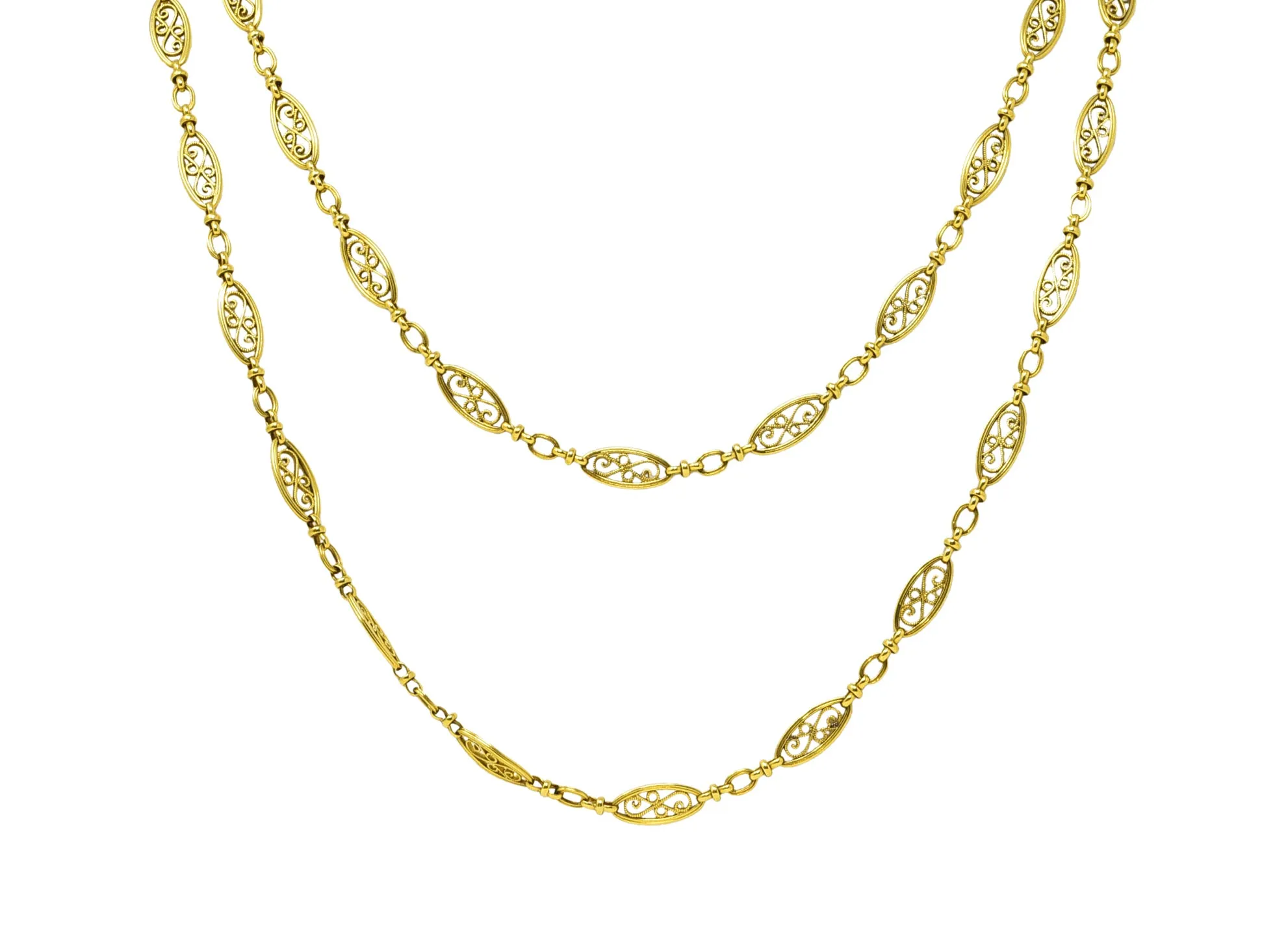 1840's French Victorian 18 Karat Yellow Gold Filigree 61 Inch Long Antique Chain Necklace