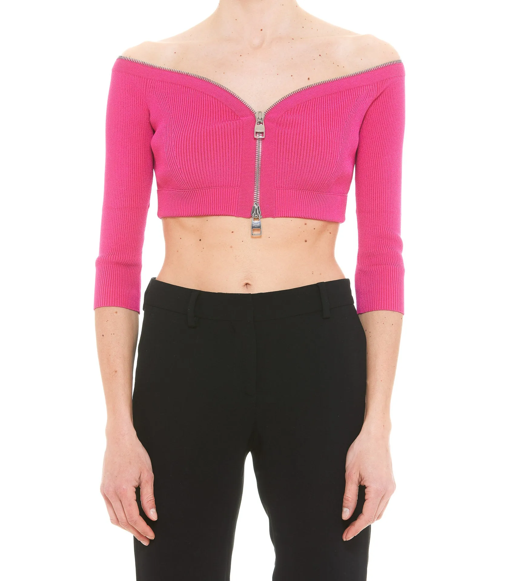 Alexander McQueen Off-Shoulder Zip-Up Cropped Top