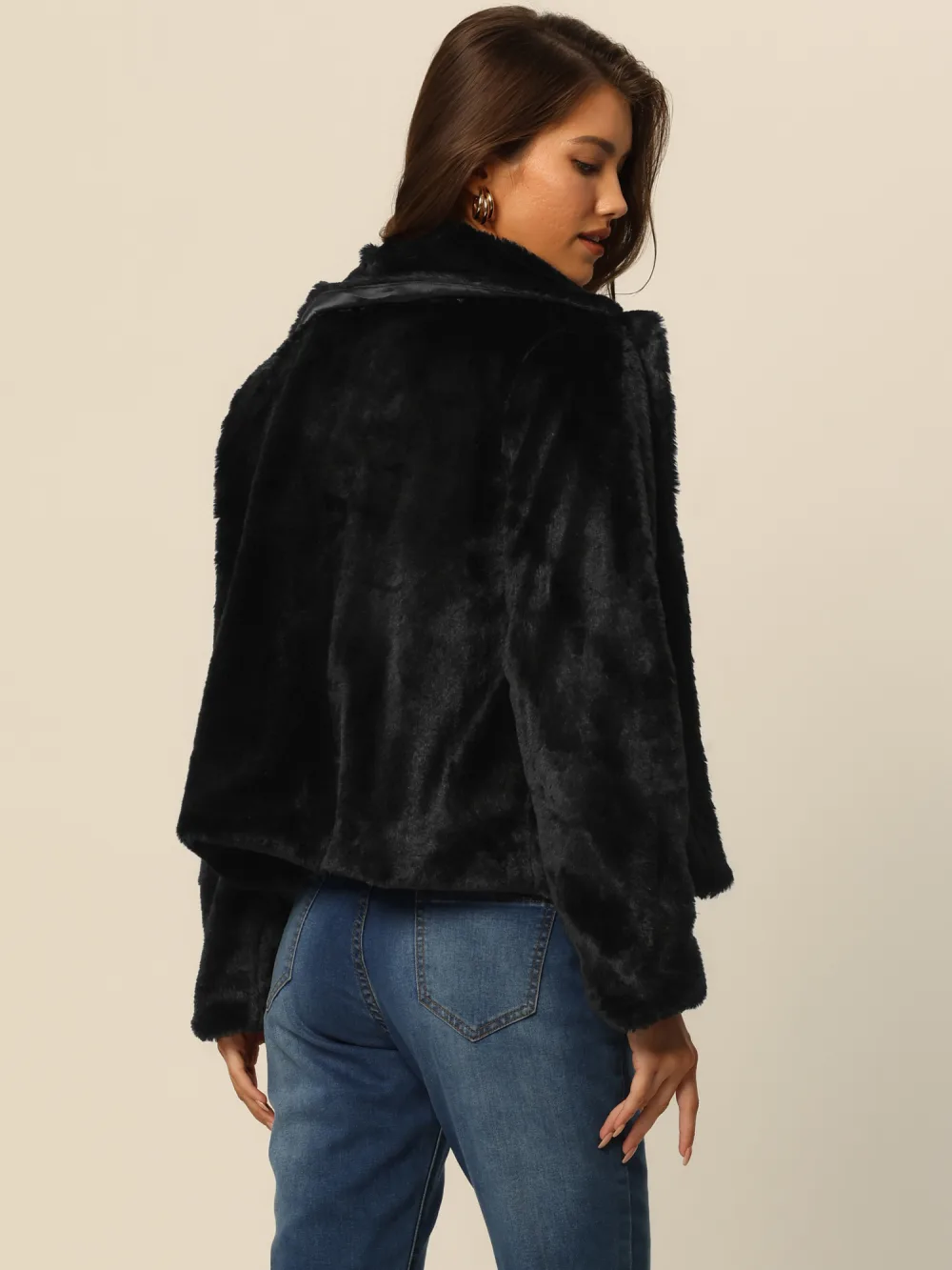 Allegra K- Cropped Notch Lapel Fluffy Coat