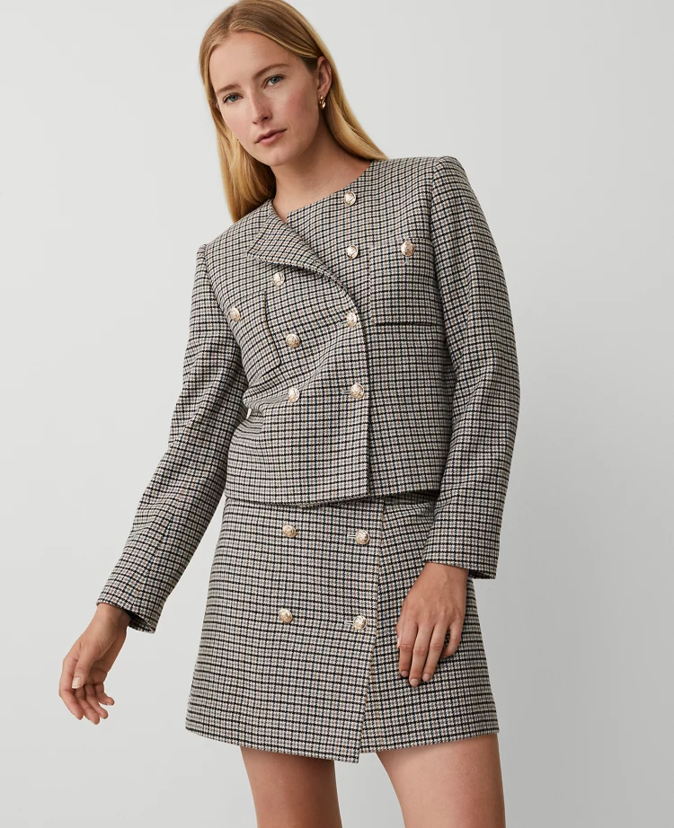 Ann Taylor Checked Double Breasted Patch Pocket Jacket Sahara Women's