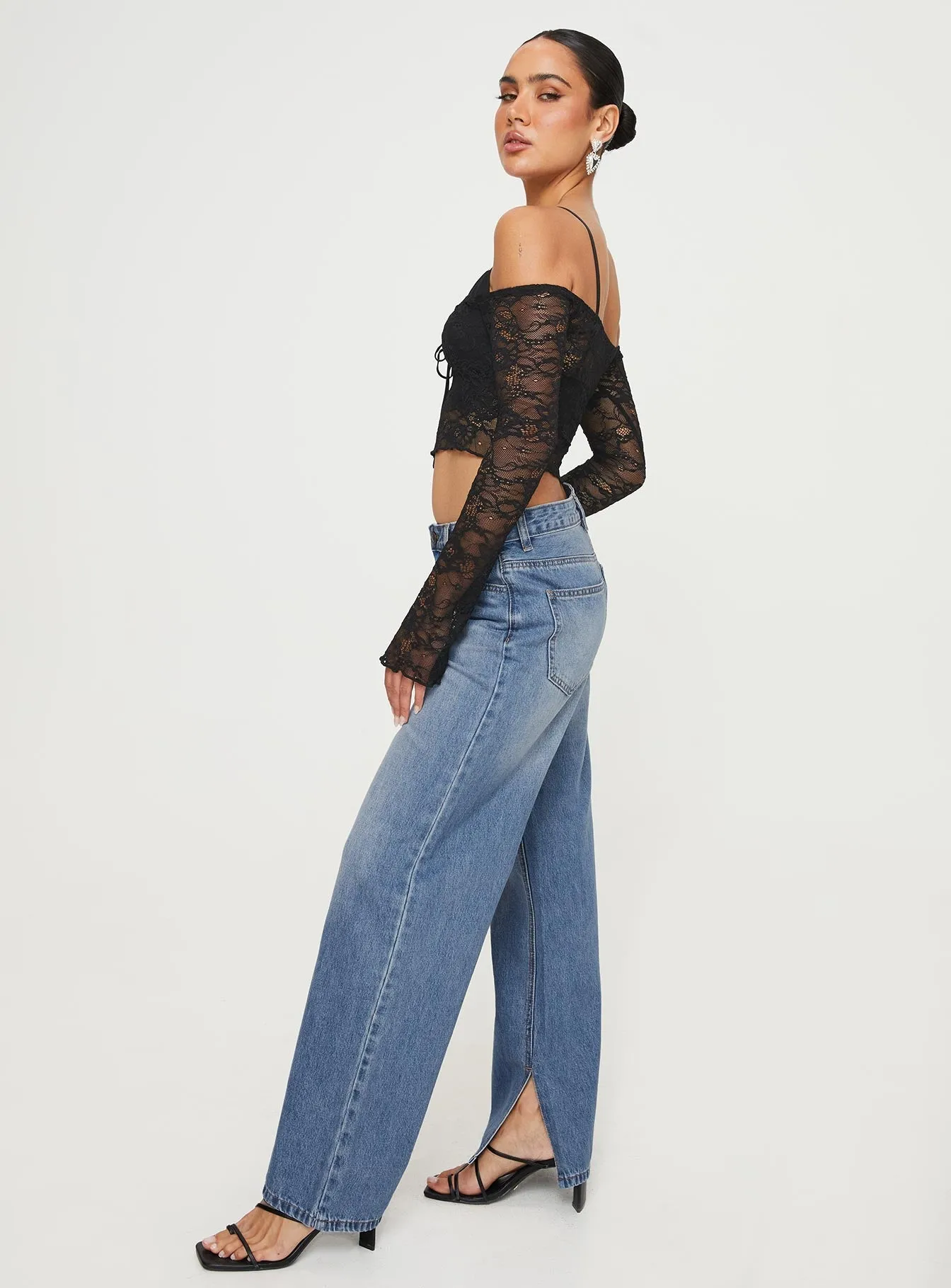 Azula Mid Rise Wide Leg Denim Jean Mid Blue