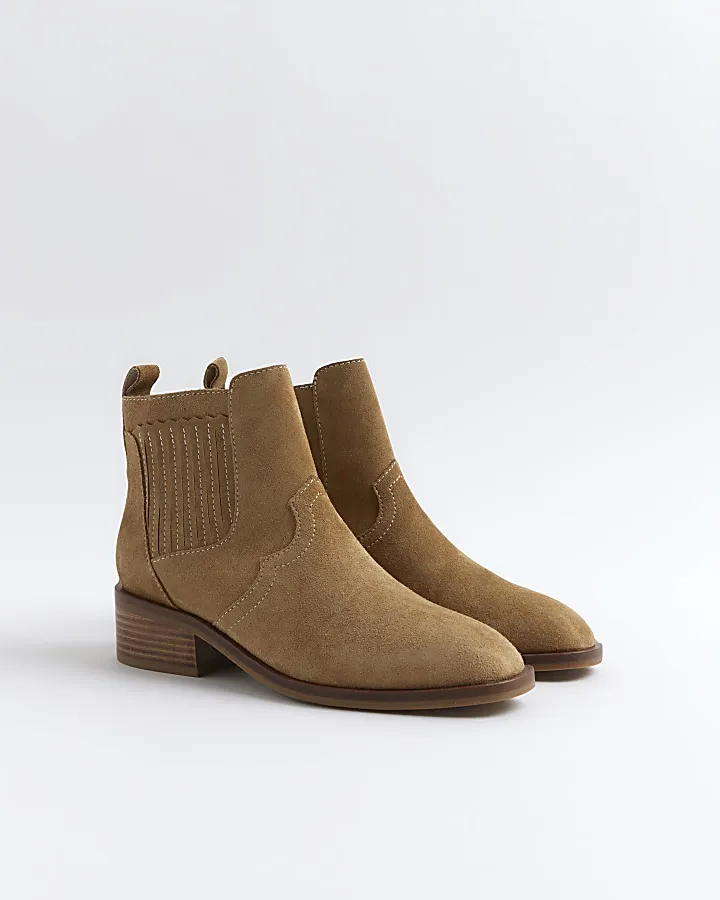 Beige suede block heeled boots