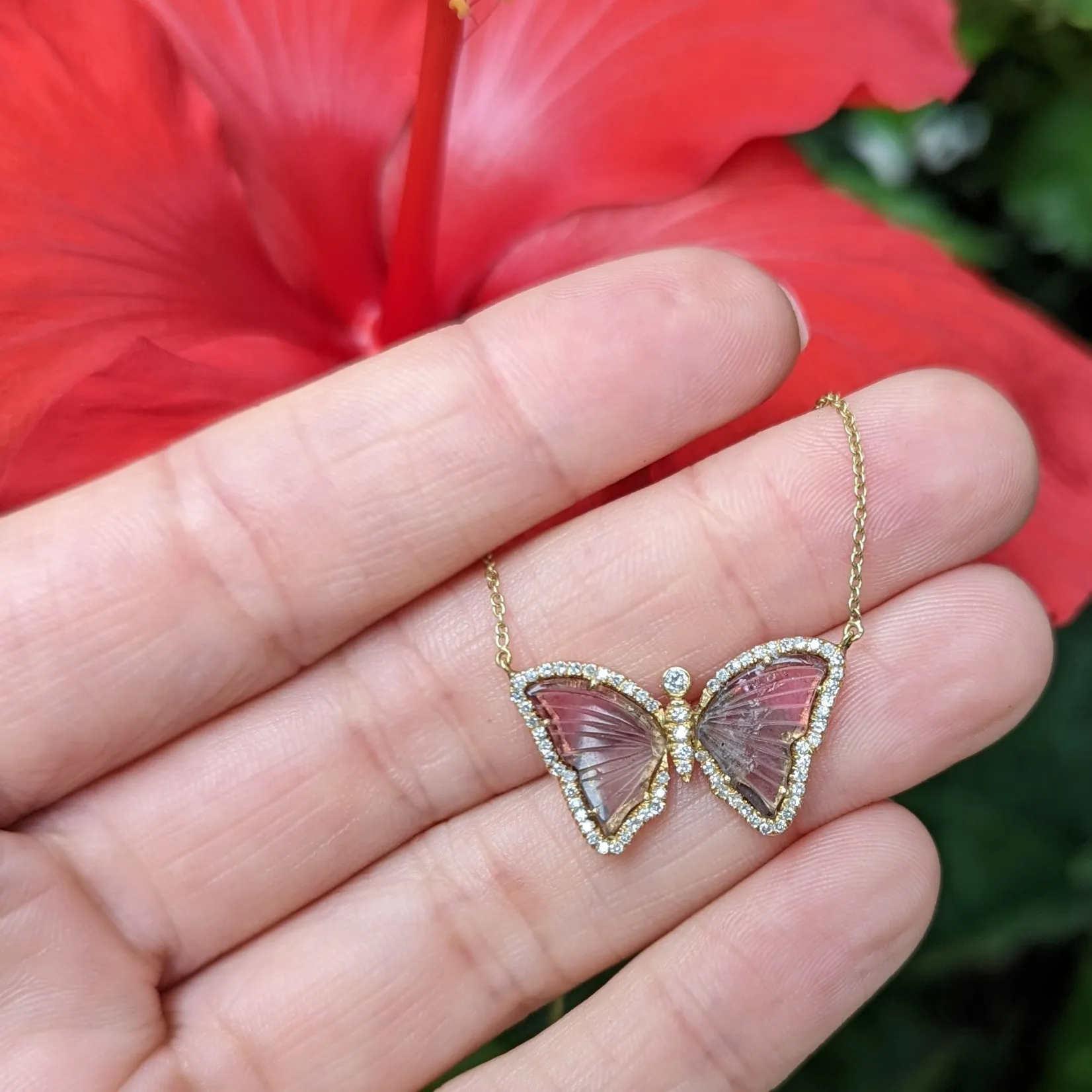 Bicolor Tourmaline Butterfly Necklace With Diamonds