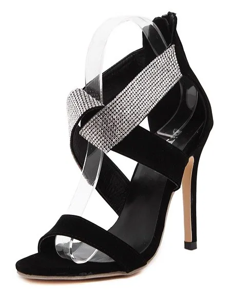 Black Suede Straps Diamonte Rhinestones Gown High Stiletto Heels Pumps Sandals