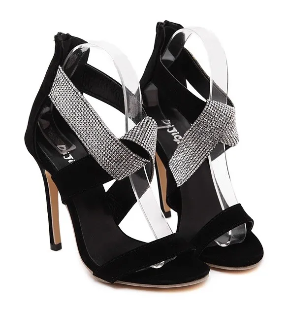 Black Suede Straps Diamonte Rhinestones Gown High Stiletto Heels Pumps Sandals