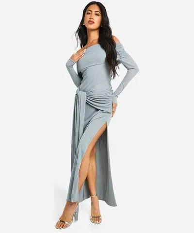 boohoo Womens Bardot Drape Tie Detail Split Leg Textured Maxi Dress