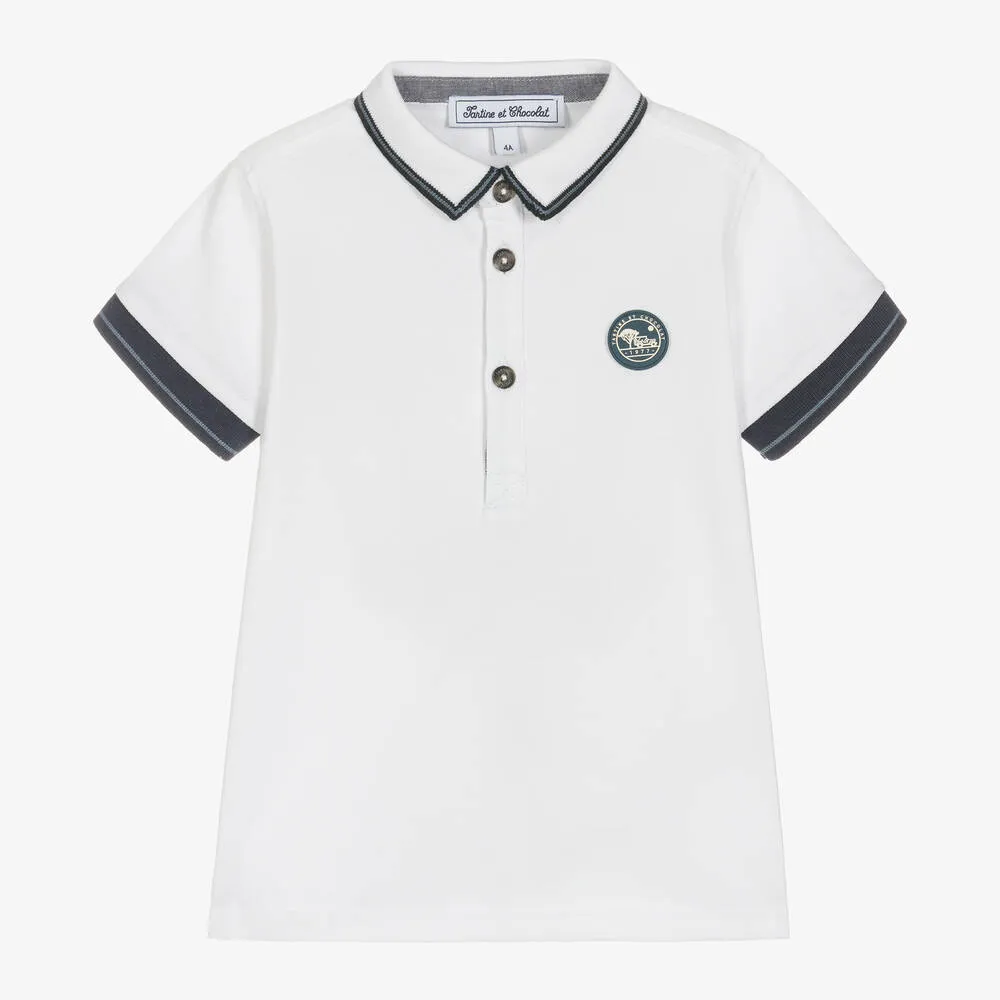 Boys White Cotton Logo Polo Shirt