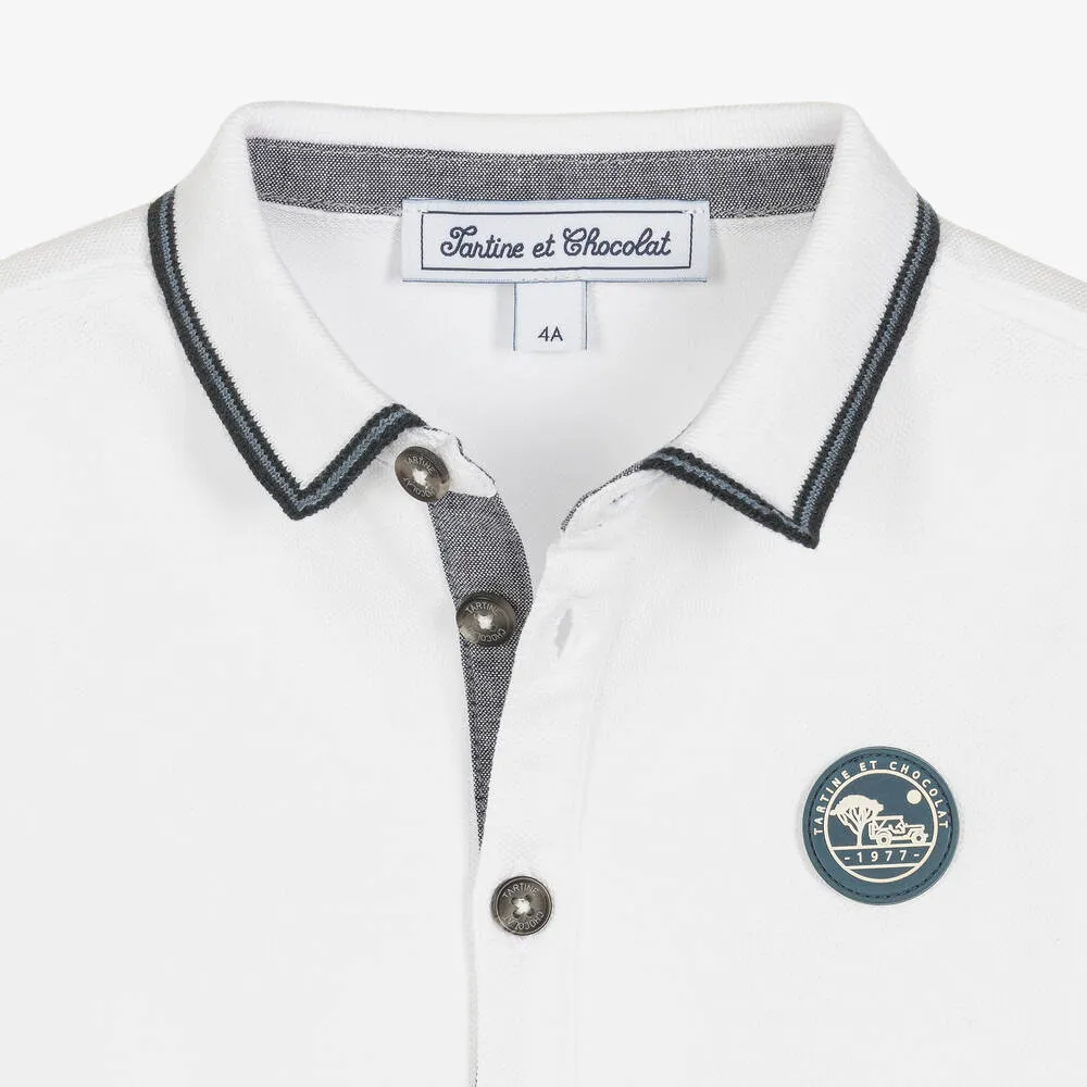 Boys White Cotton Logo Polo Shirt