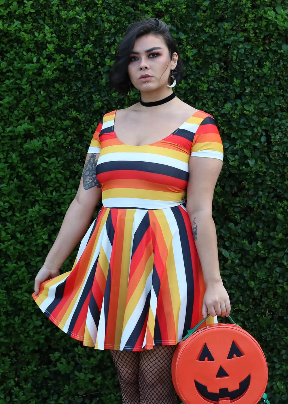 Collectif Lila Candy Corn Stripe 60's Skater Dress Orange