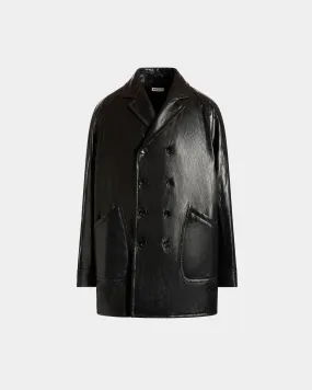 Double-breasted Coat In Black Leather