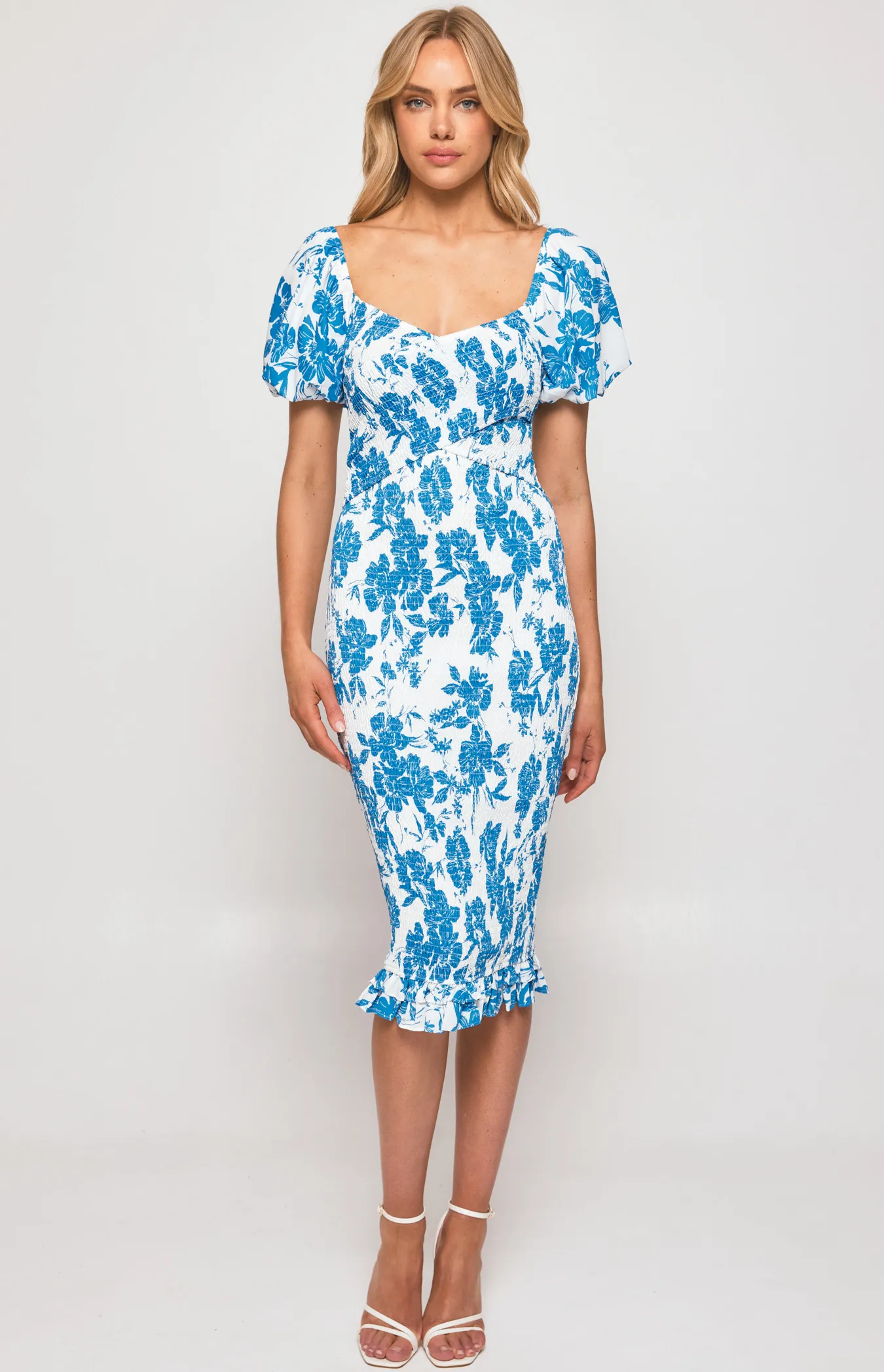 Floral Shirred Cross Front Detail Midi Dress (WDR517B)