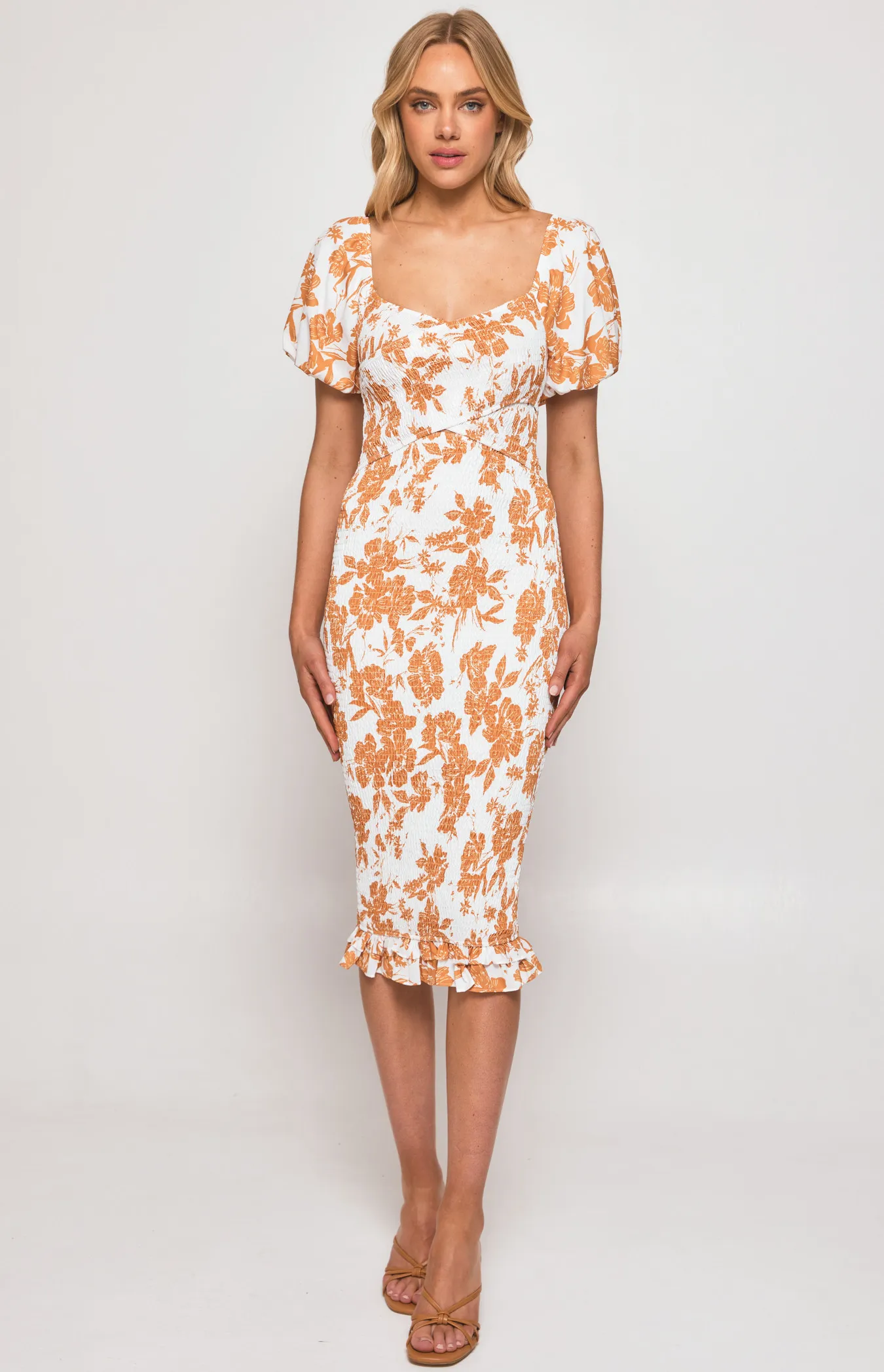 Floral Shirred Cross Front Detail Midi Dress (WDR517B)