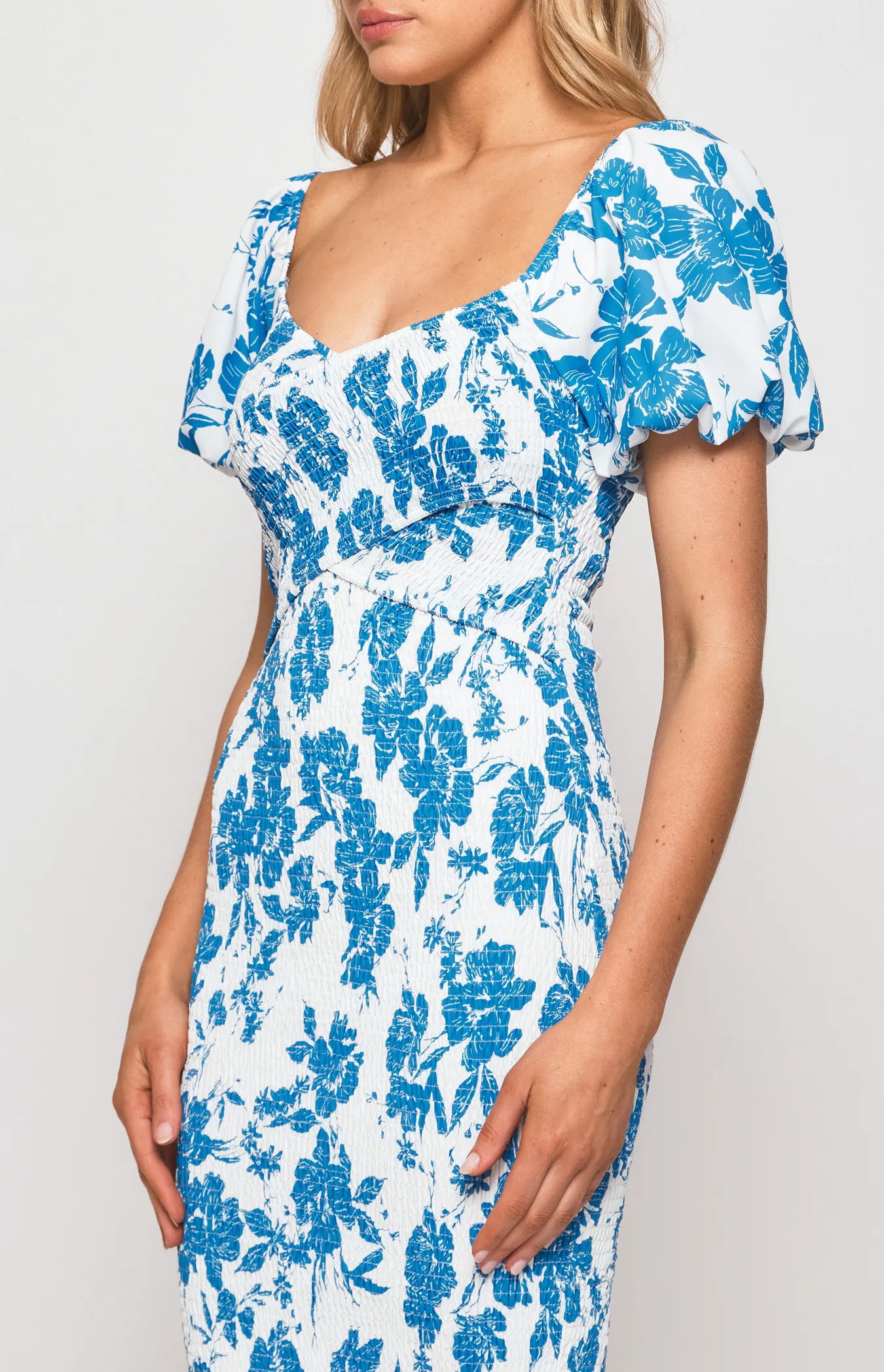 Floral Shirred Cross Front Detail Midi Dress (WDR517B)