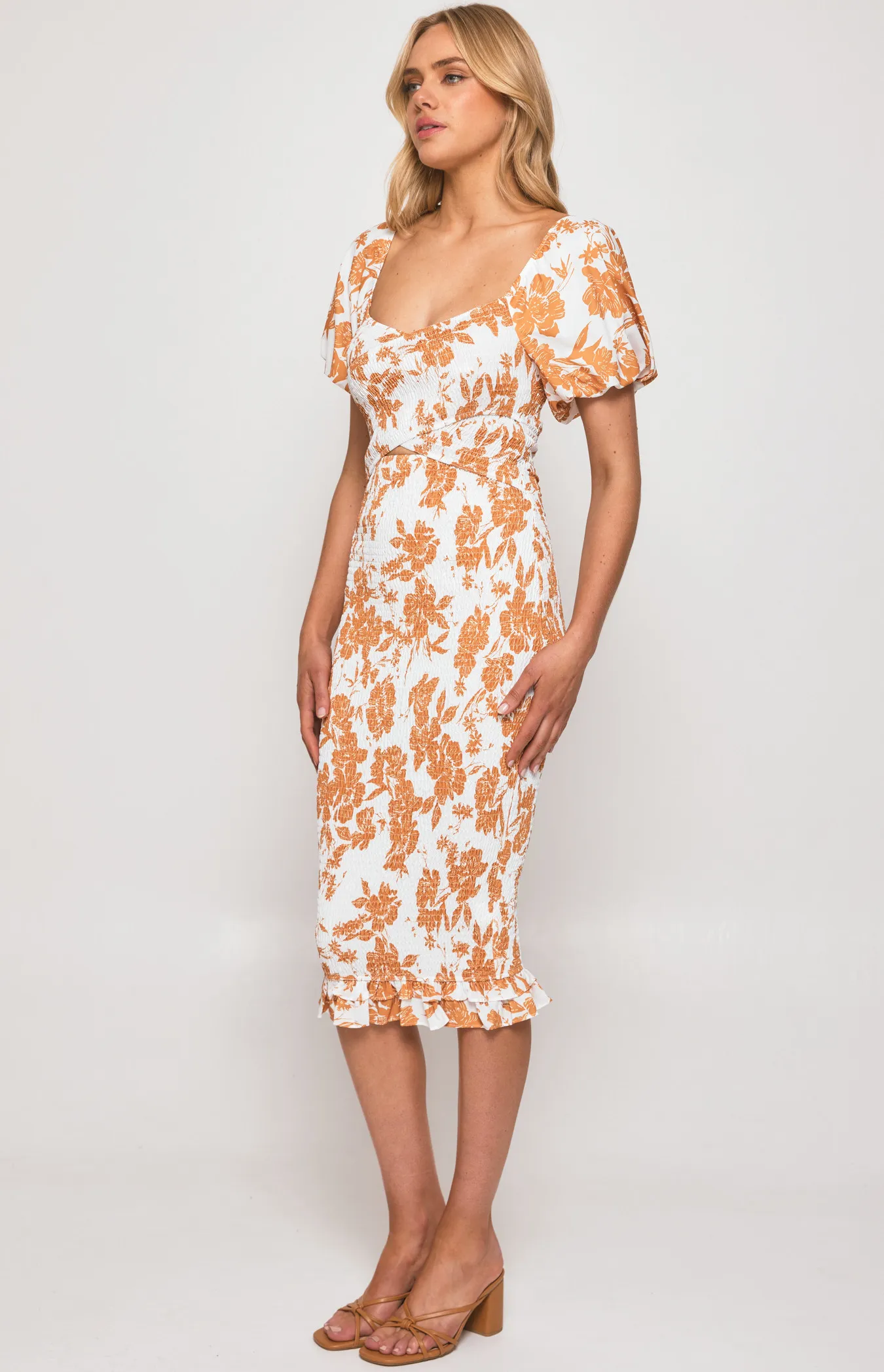 Floral Shirred Cross Front Detail Midi Dress (WDR517B)