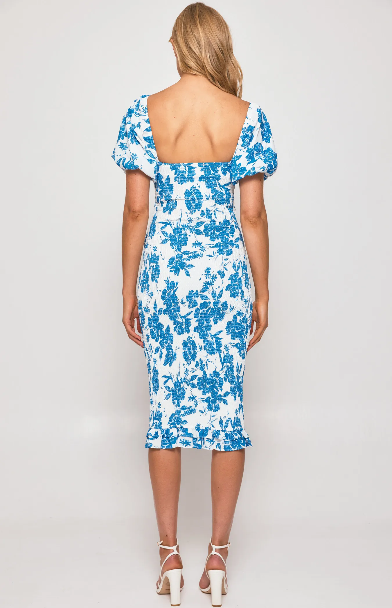 Floral Shirred Cross Front Detail Midi Dress (WDR517B)