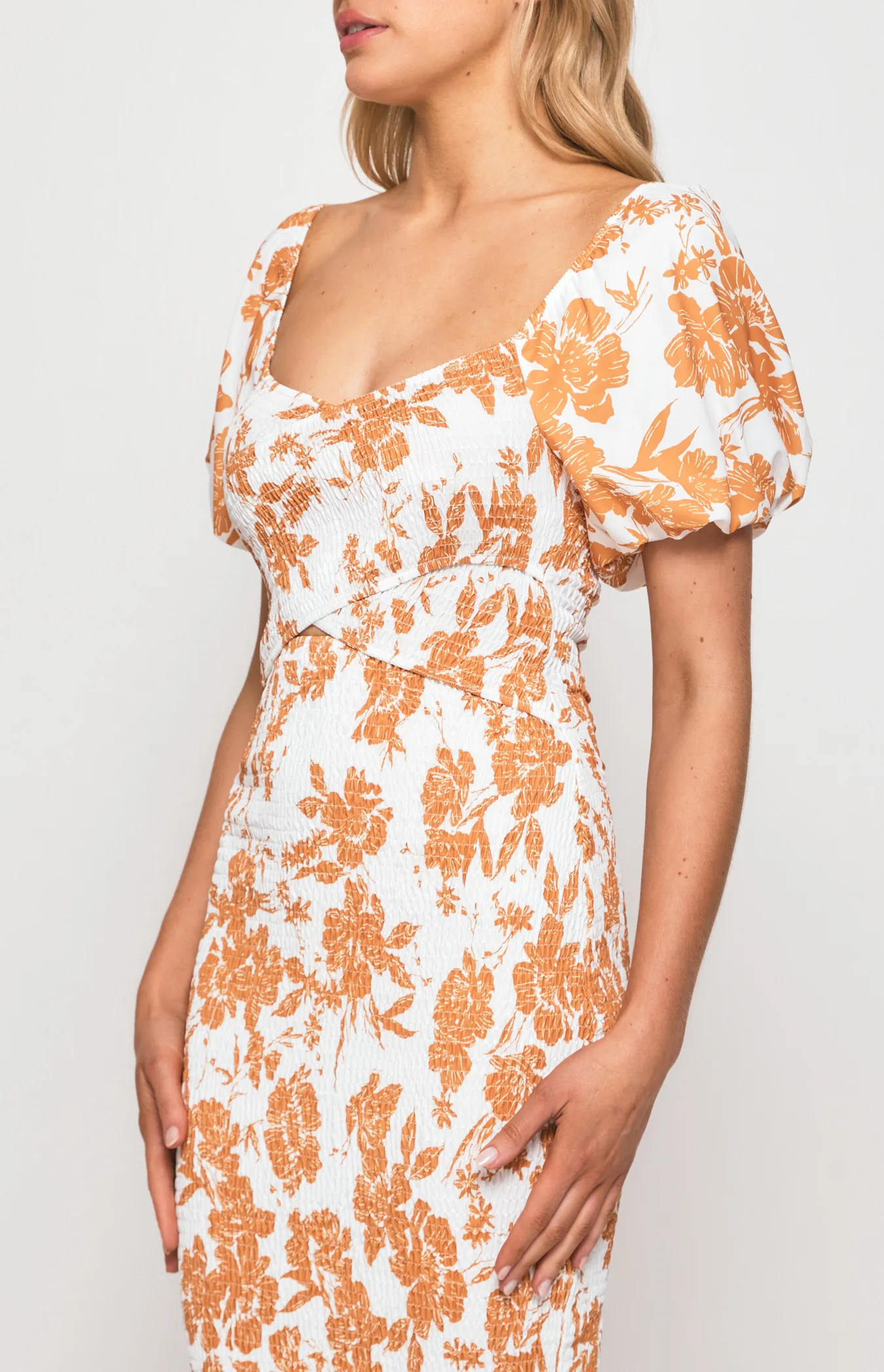 Floral Shirred Cross Front Detail Midi Dress (WDR517B)