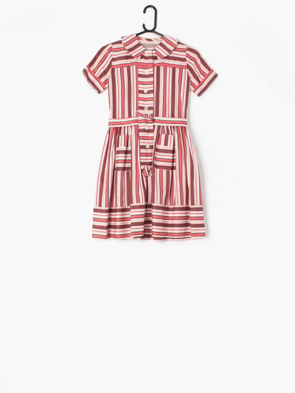 Girls handmade 1960s vintage dress with pink stripes, pockets and bows – Age 10/12