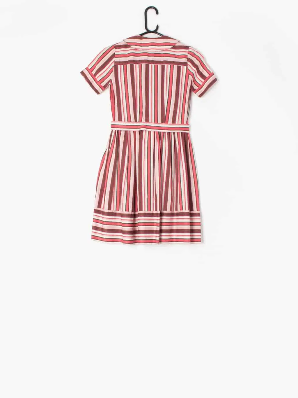 Girls handmade 1960s vintage dress with pink stripes, pockets and bows – Age 10/12