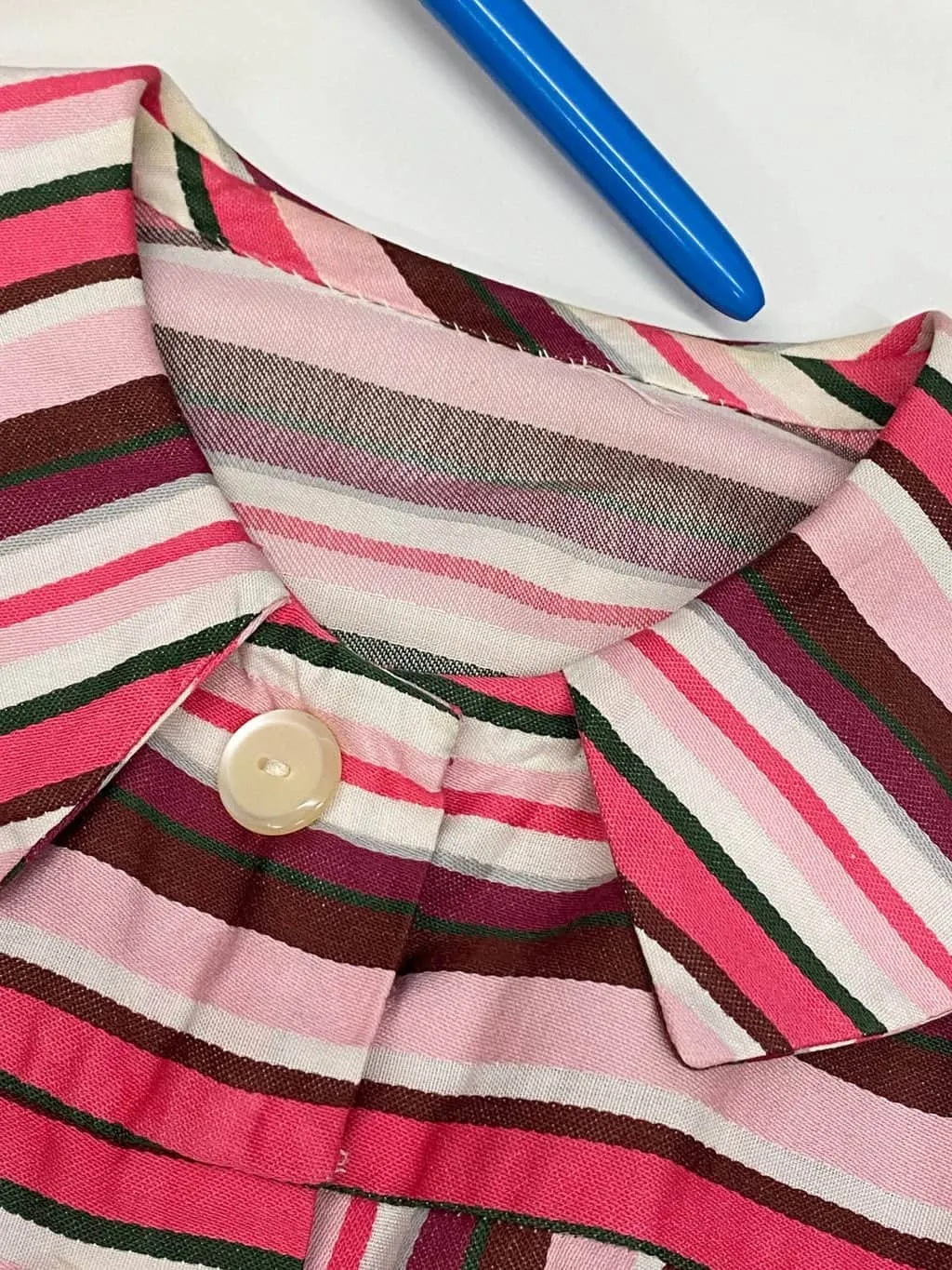 Girls handmade 1960s vintage dress with pink stripes, pockets and bows – Age 10/12