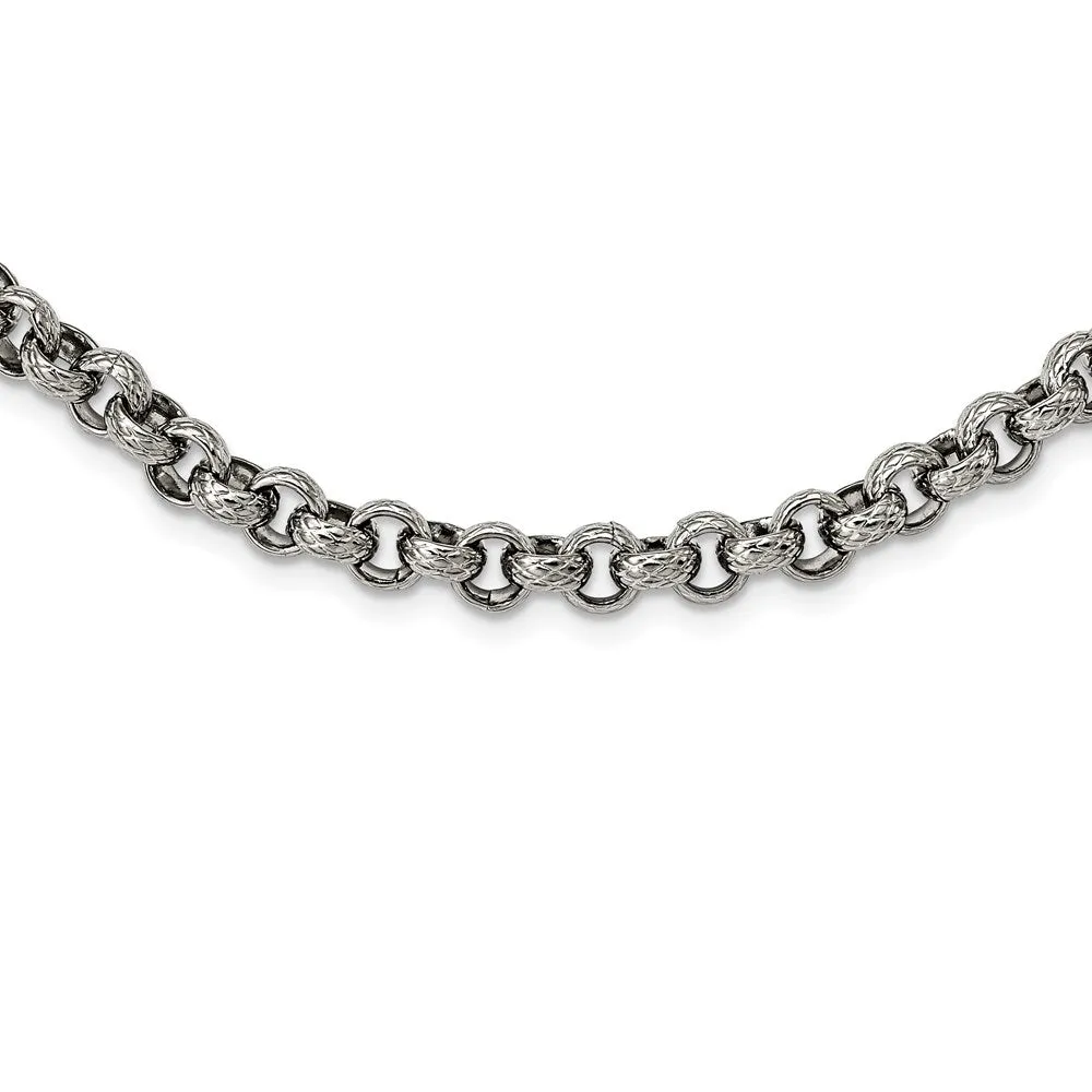 Men's 7mm Stainless Steel Textured Rolo Chain Necklace, 24 Inch