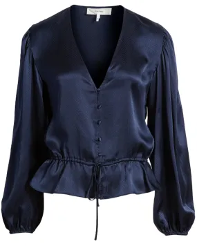 Navy Cinched V Neck Blouse