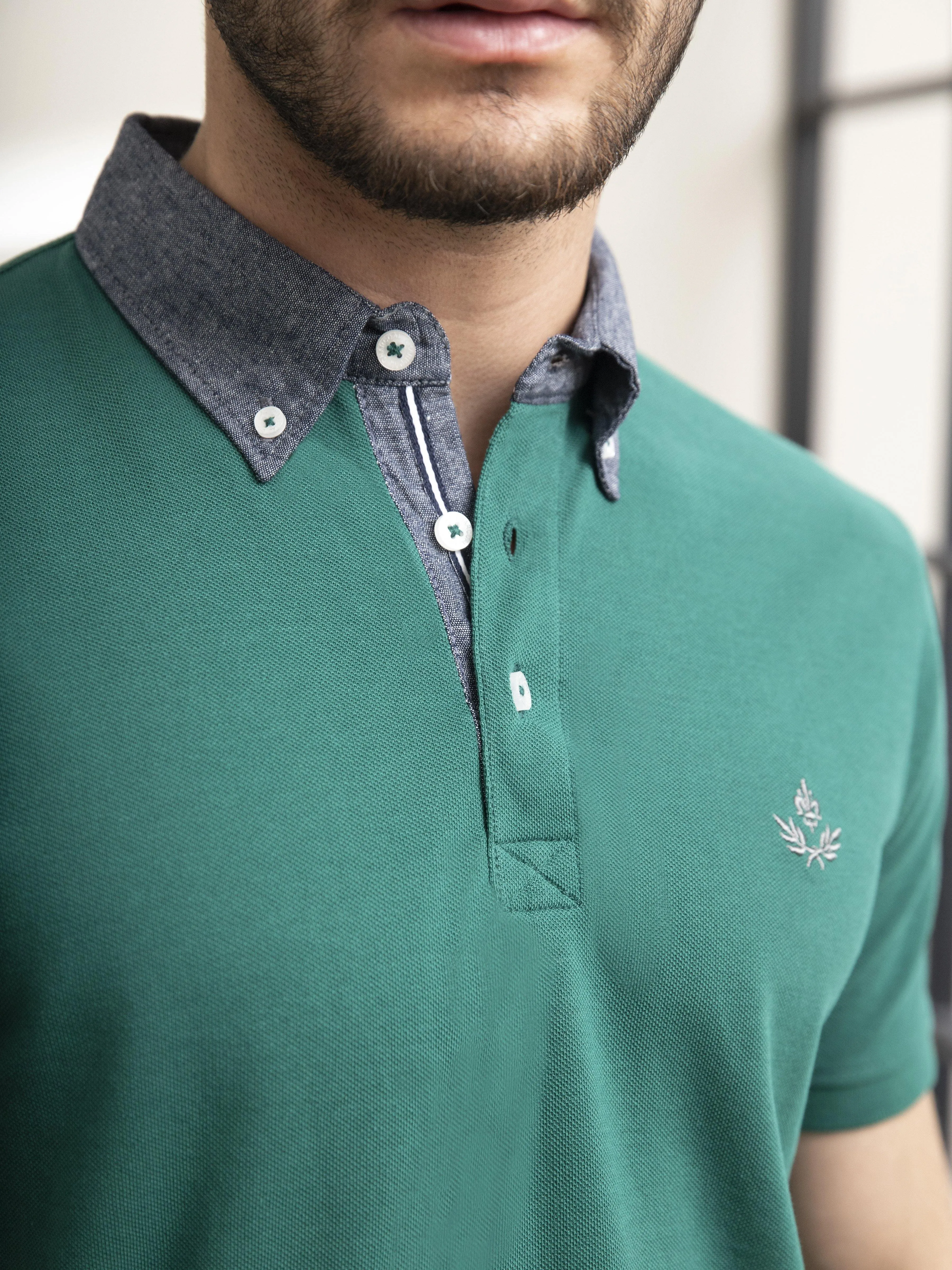 POLO SHIRT DENIM COLLAR GREEN