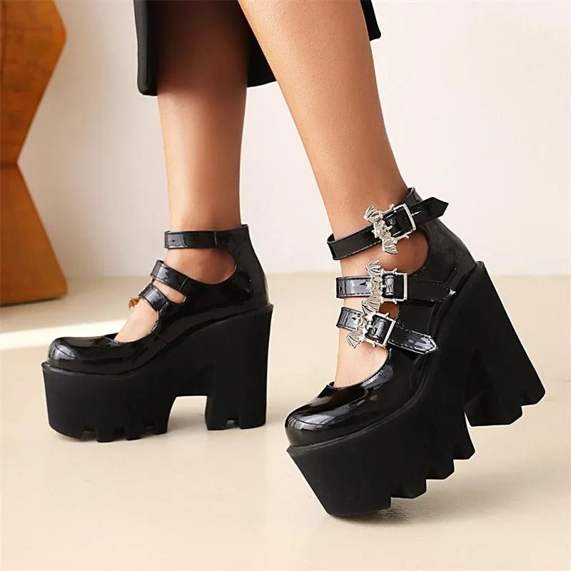 Punk Buckle Platform Block High Heels Pumps