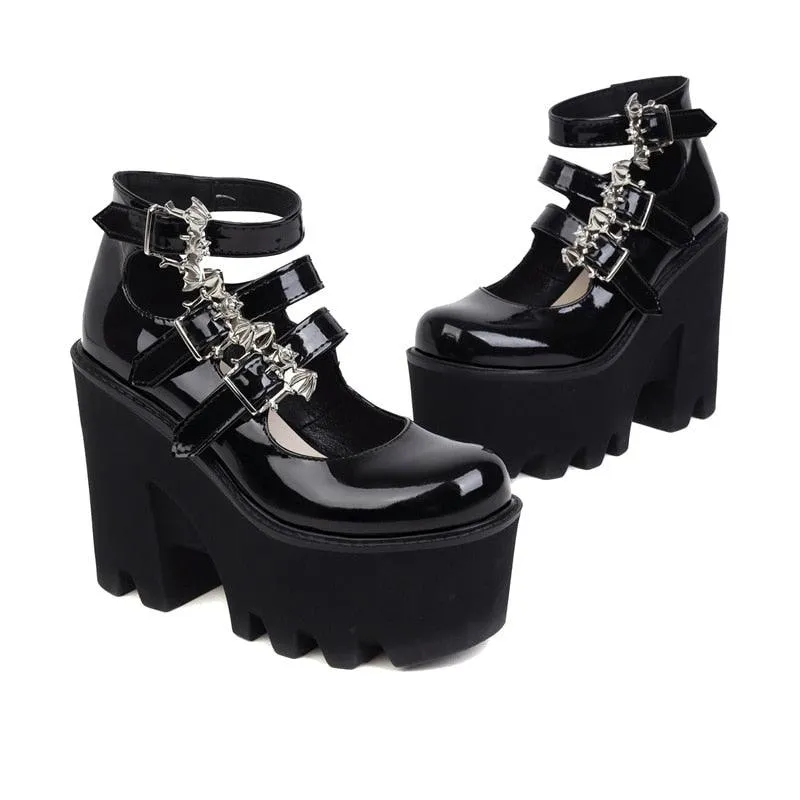 Punk Buckle Platform Block High Heels Pumps