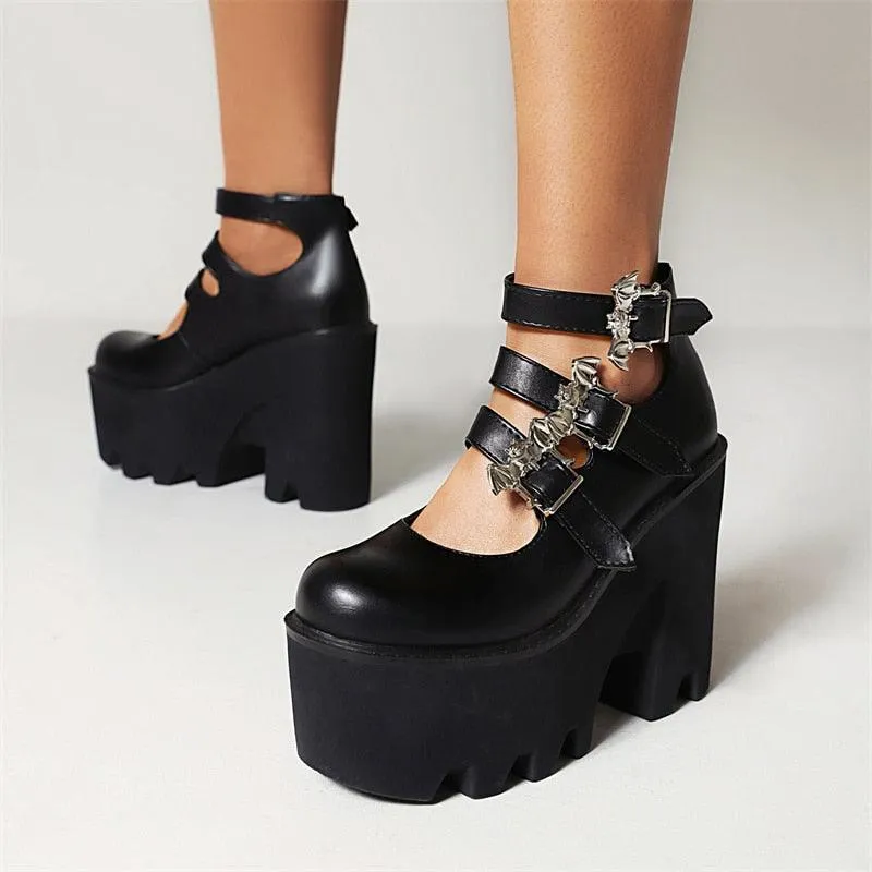 Punk Buckle Platform Block High Heels Pumps