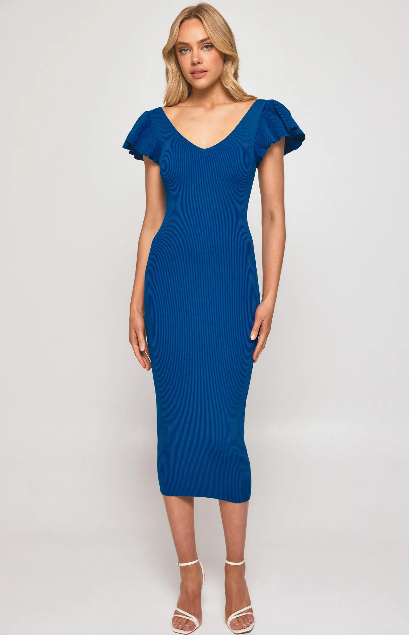 Ribbed Knit Midi Dress with Ruffle Sleeve Feature (SKN647)