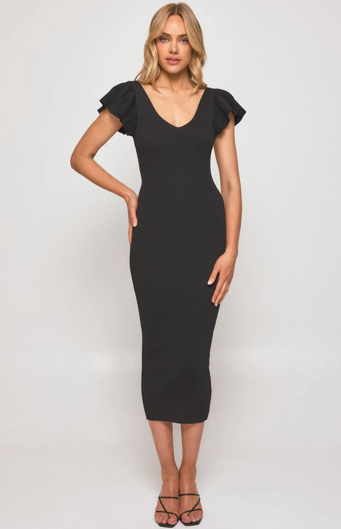 Ribbed Knit Midi Dress with Ruffle Sleeve Feature (SKN647)