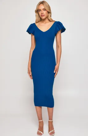 Ribbed Knit Midi Dress with Ruffle Sleeve Feature (SKN647)