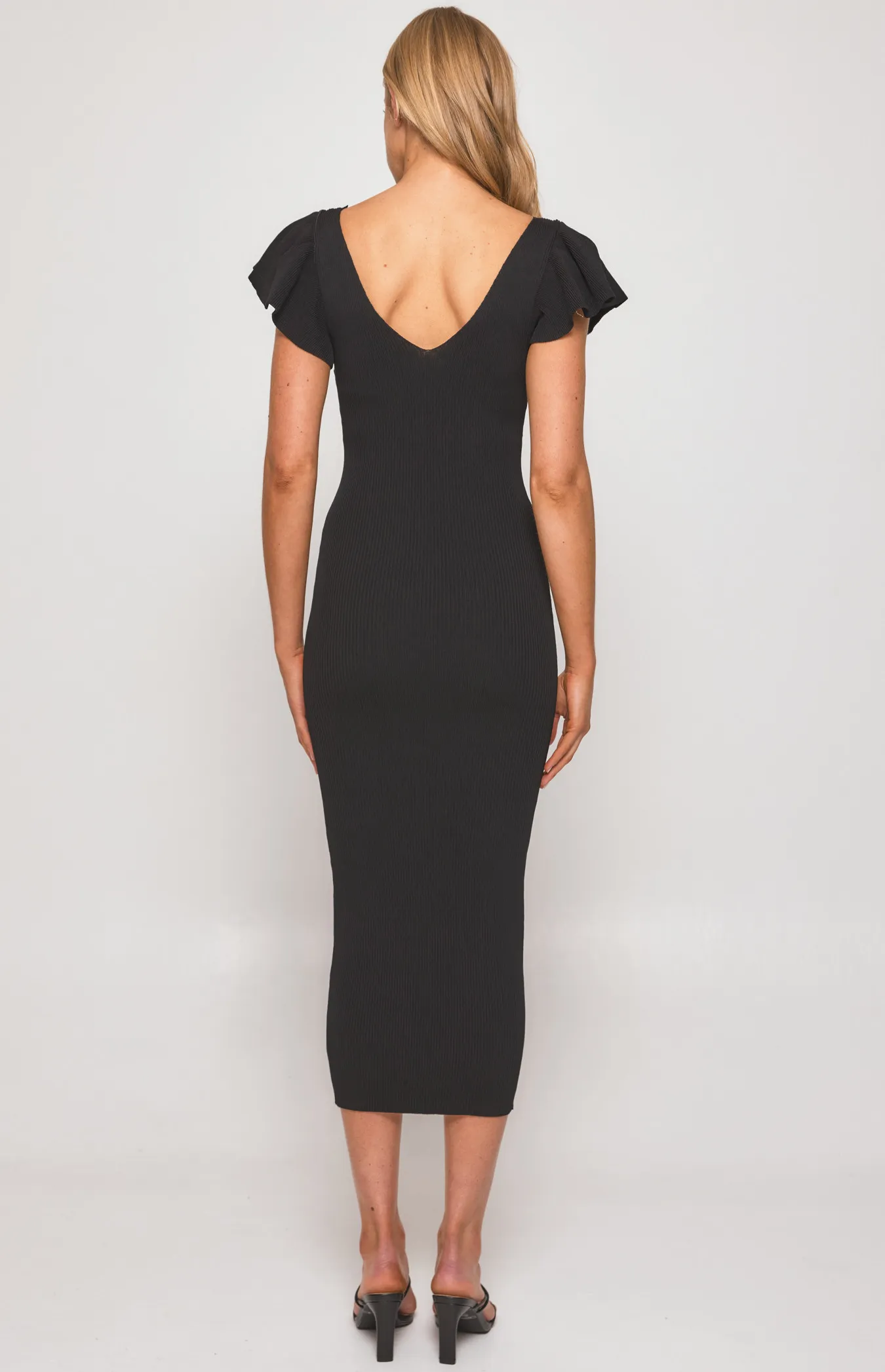 Ribbed Knit Midi Dress with Ruffle Sleeve Feature (SKN647)