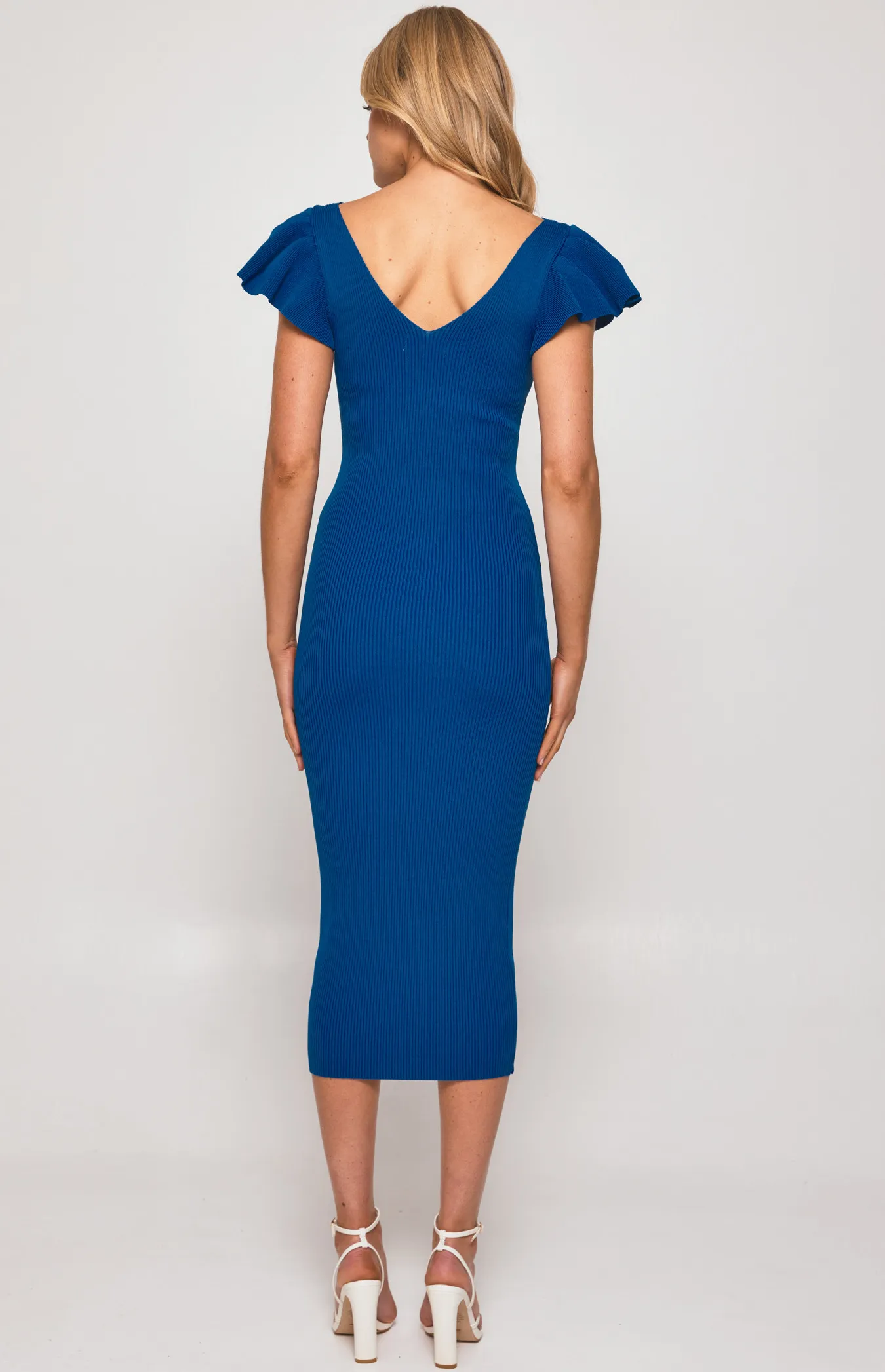 Ribbed Knit Midi Dress with Ruffle Sleeve Feature (SKN647)