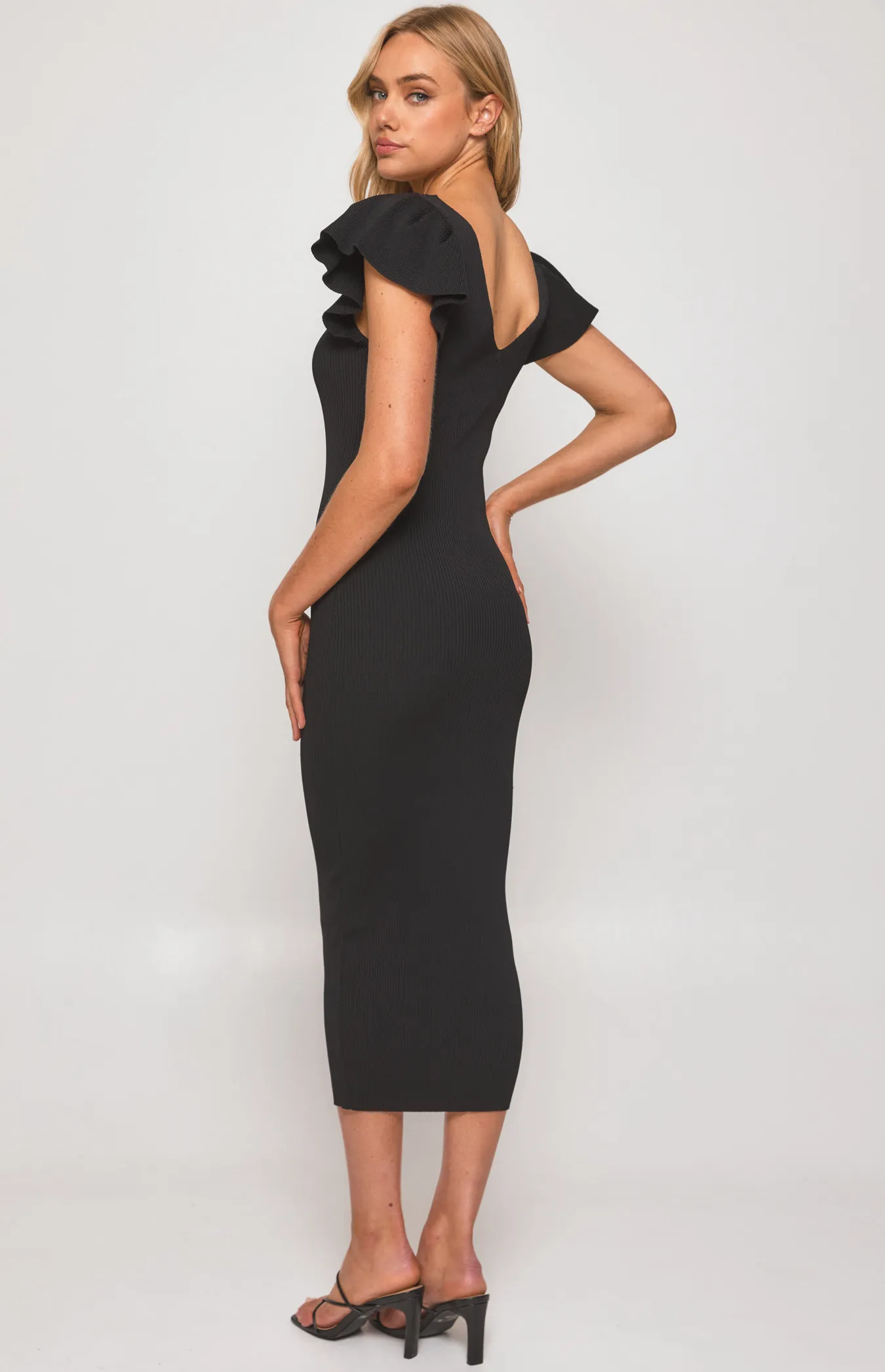 Ribbed Knit Midi Dress with Ruffle Sleeve Feature (SKN647)