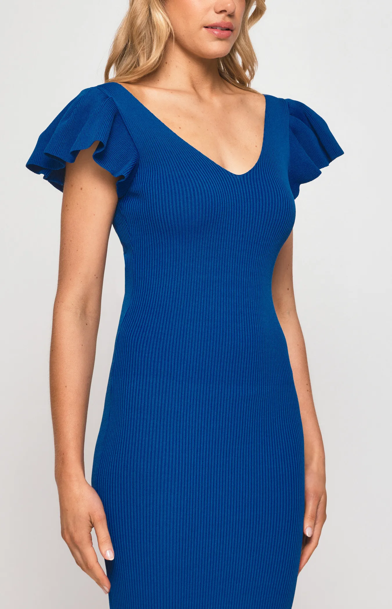 Ribbed Knit Midi Dress with Ruffle Sleeve Feature (SKN647)