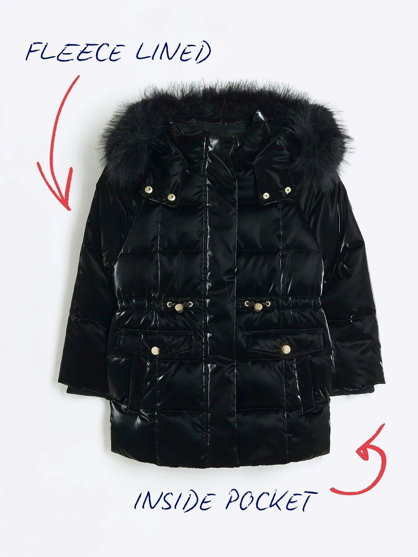 River Island Padded High Shine Coat - Black