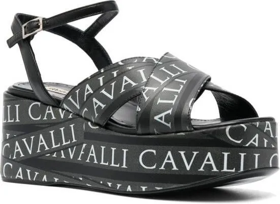 Roberto Cavalli 70mm logo-print wedge sandals Black