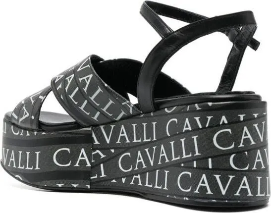 Roberto Cavalli 70mm logo-print wedge sandals Black