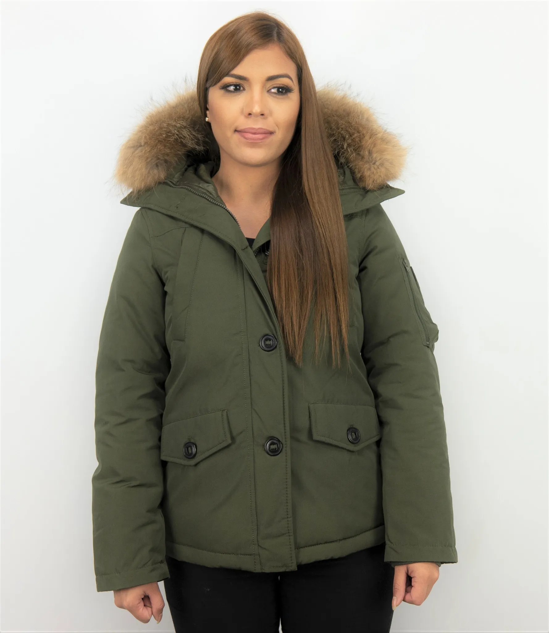 TheBrand Fur Collar Coat - Women's Winter Coat Short - Parka Stitch Bag - Green