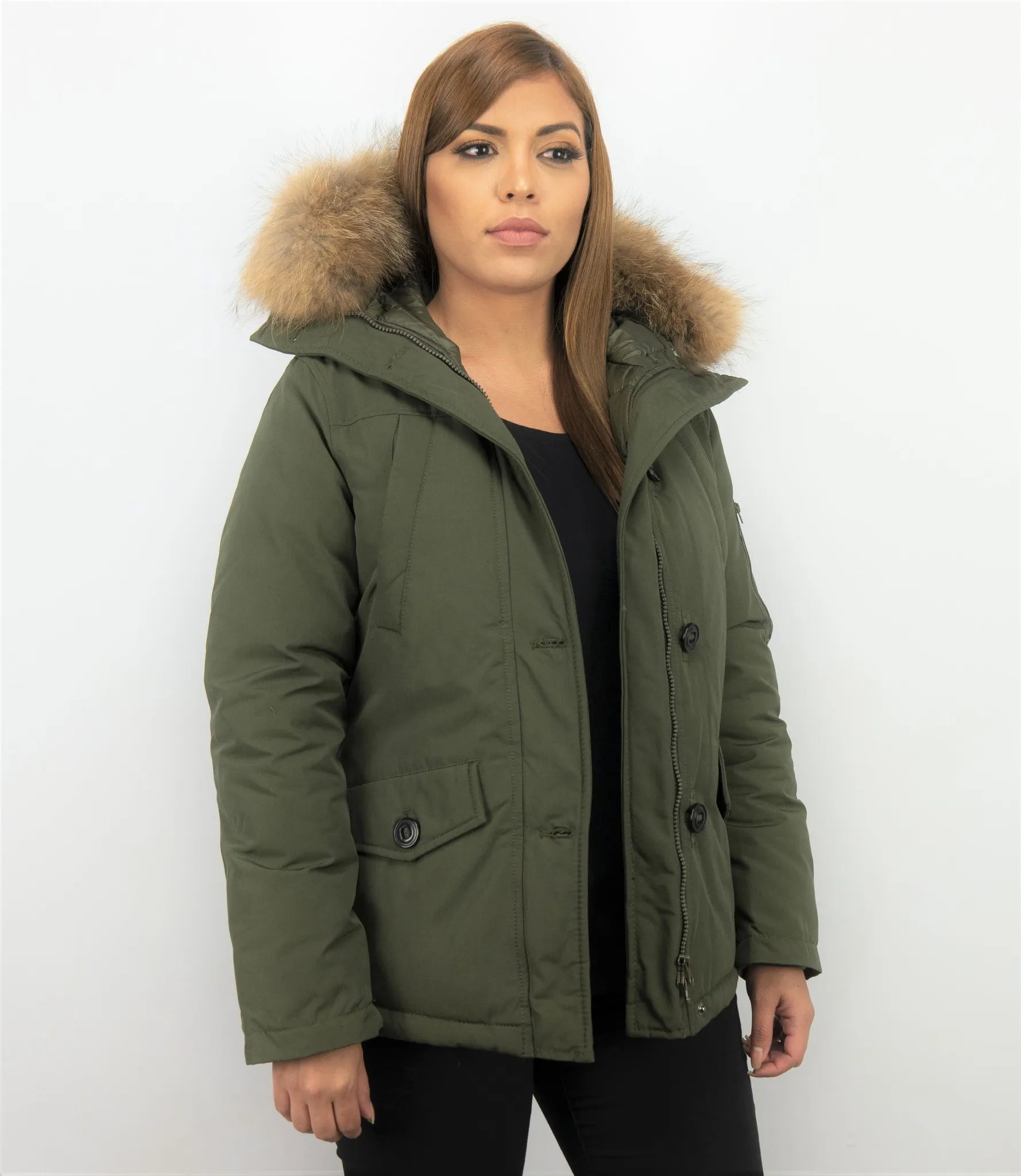 TheBrand Fur Collar Coat - Women's Winter Coat Short - Parka Stitch Bag - Green