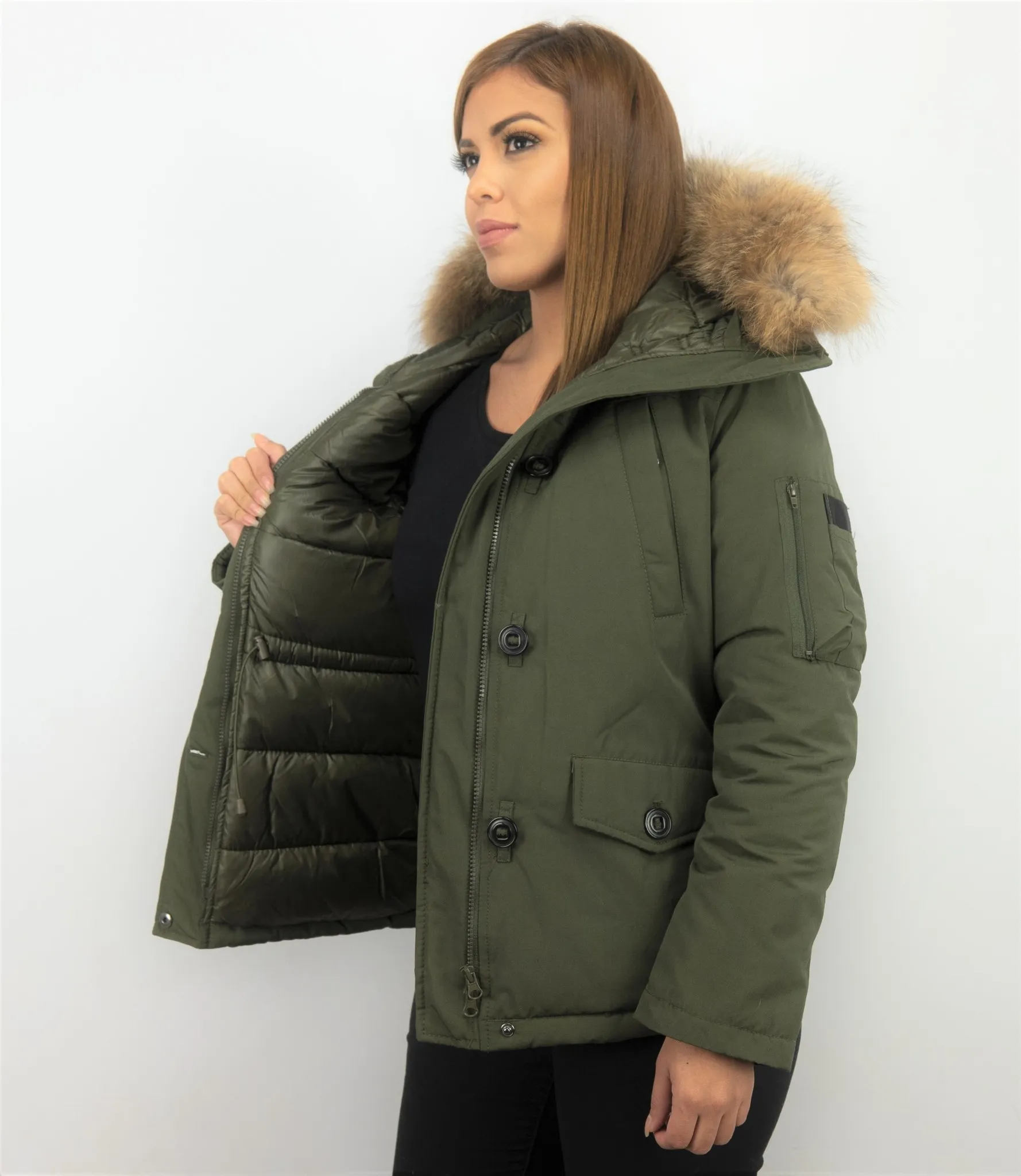 TheBrand Fur Collar Coat - Women's Winter Coat Short - Parka Stitch Bag - Green