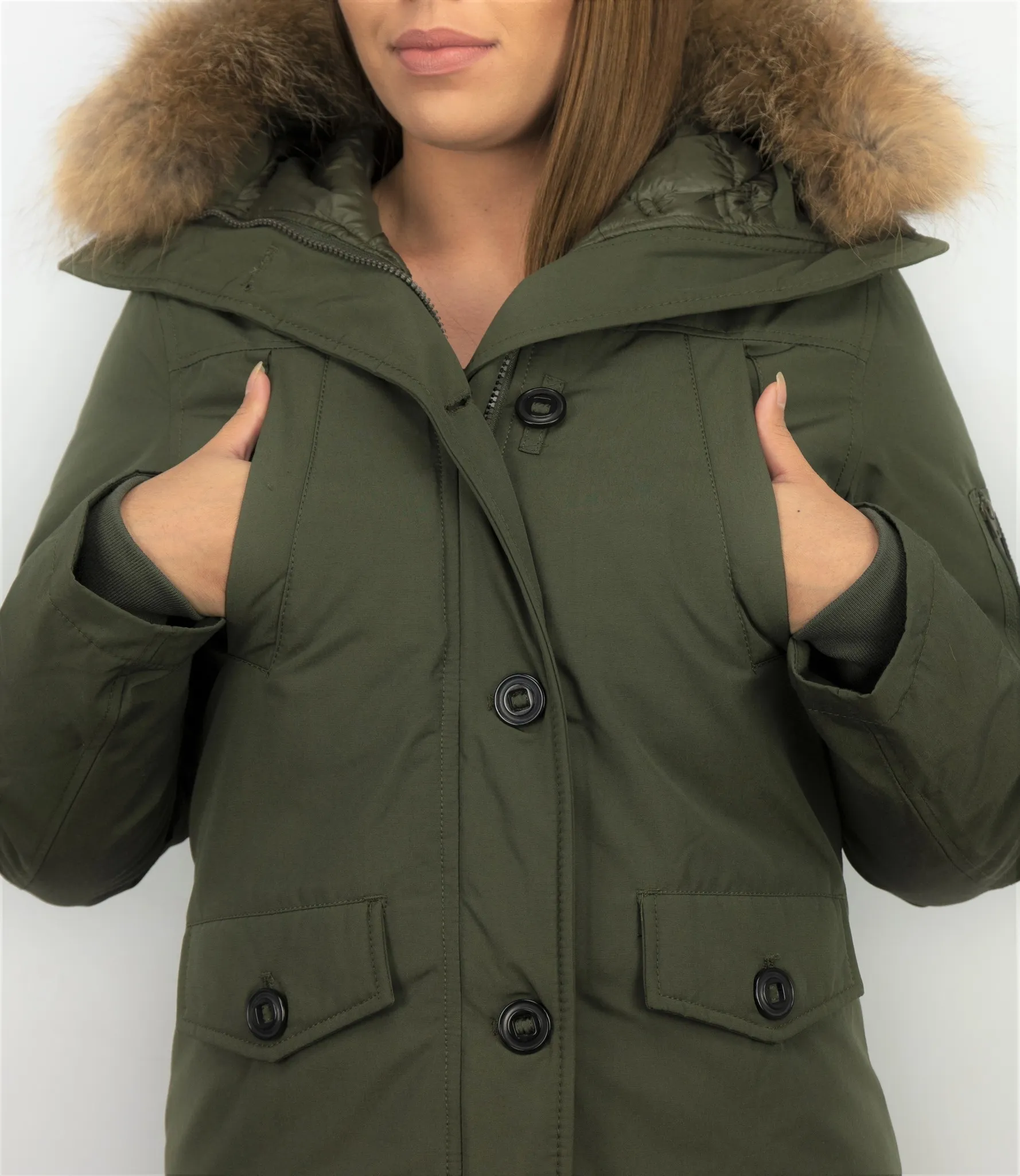 TheBrand Fur Collar Coat - Women's Winter Coat Short - Parka Stitch Bag - Green