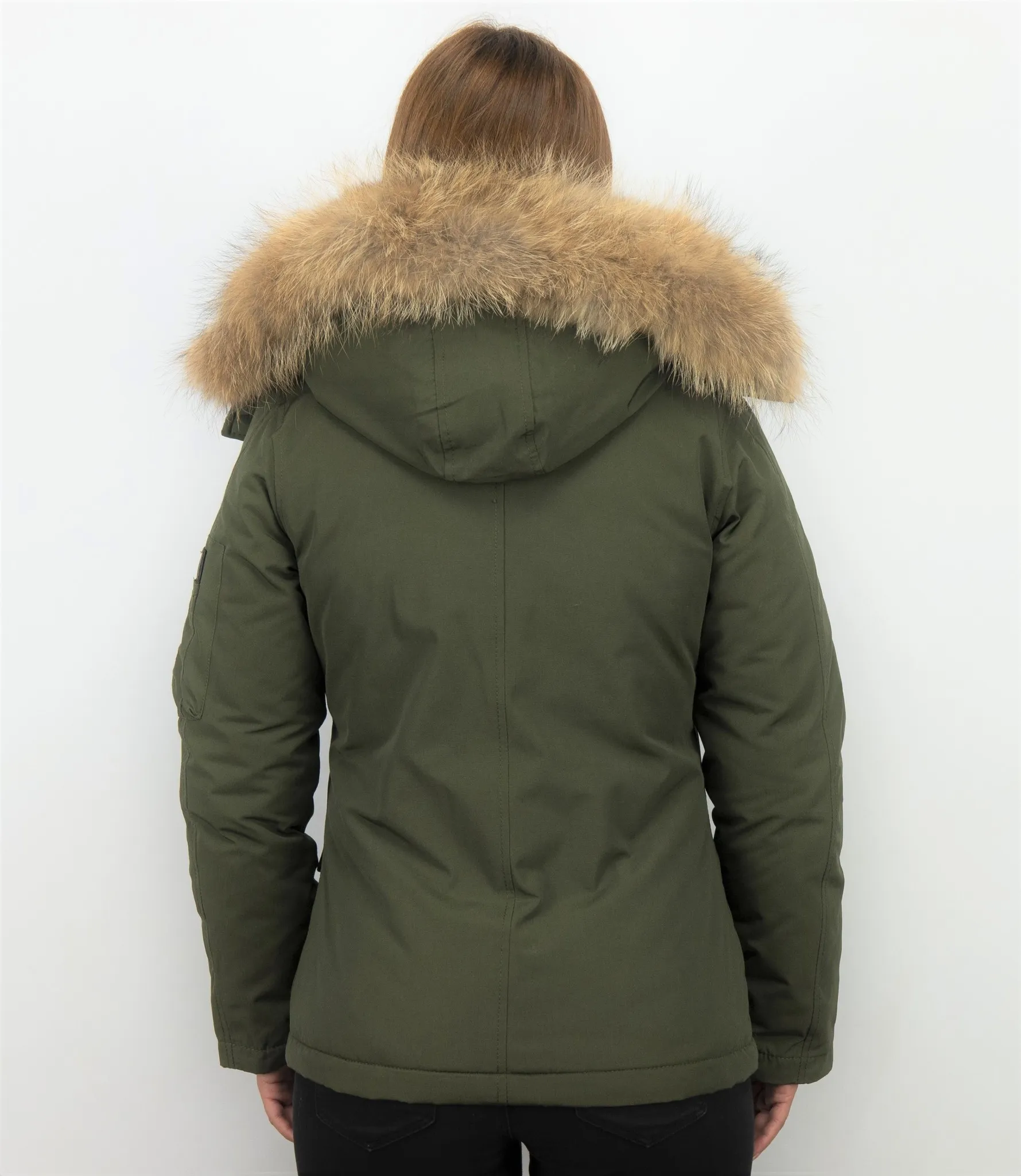 TheBrand Fur Collar Coat - Women's Winter Coat Short - Parka Stitch Bag - Green