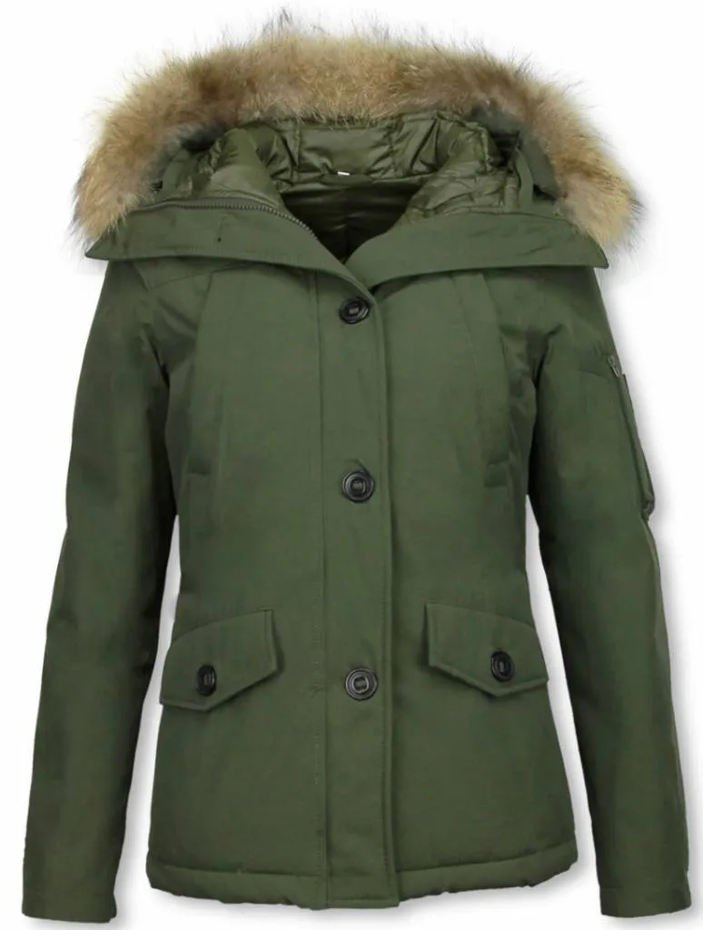 TheBrand Fur Collar Coat - Women's Winter Coat Short - Parka Stitch Bag - Green