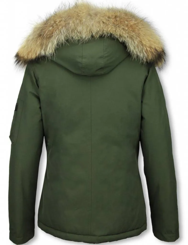 TheBrand Fur Collar Coat - Women's Winter Coat Short - Parka Stitch Bag - Green