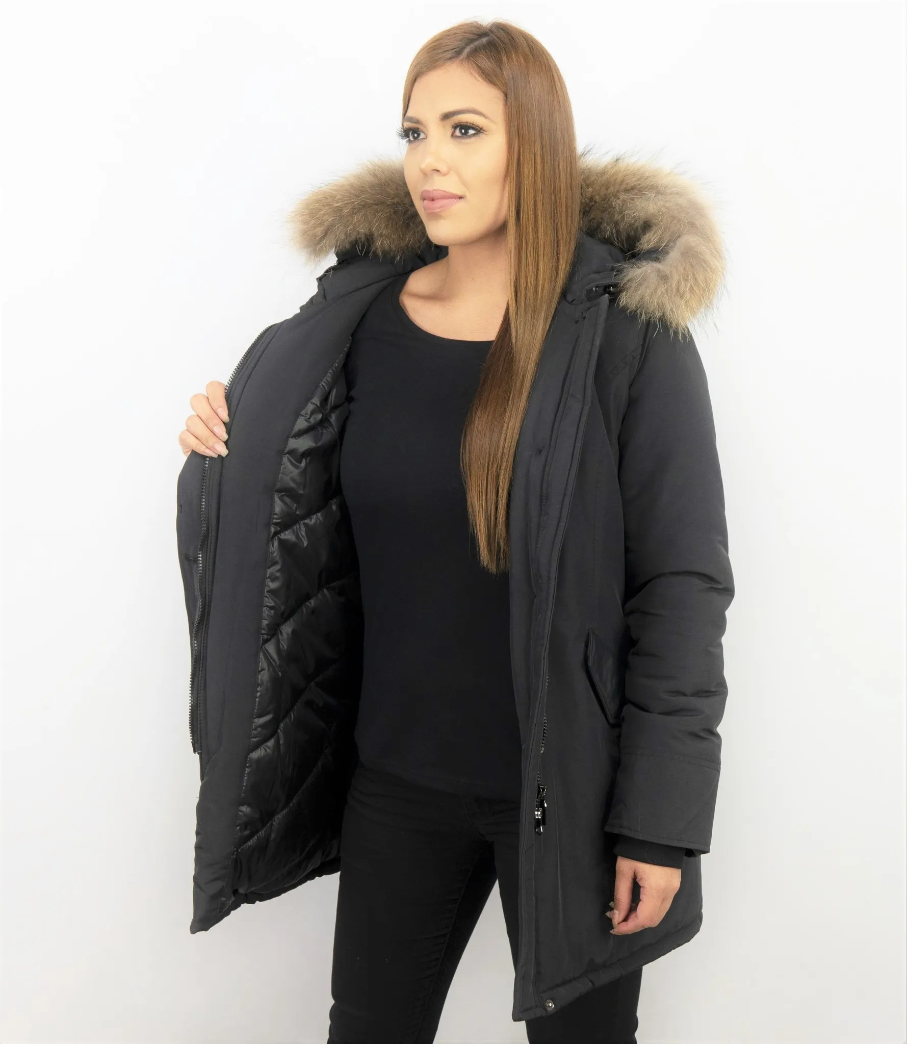 TheBrand Fur Collar Coat - Women's Winter Coat Wooly Long - Parka Stitch Pockets - Black