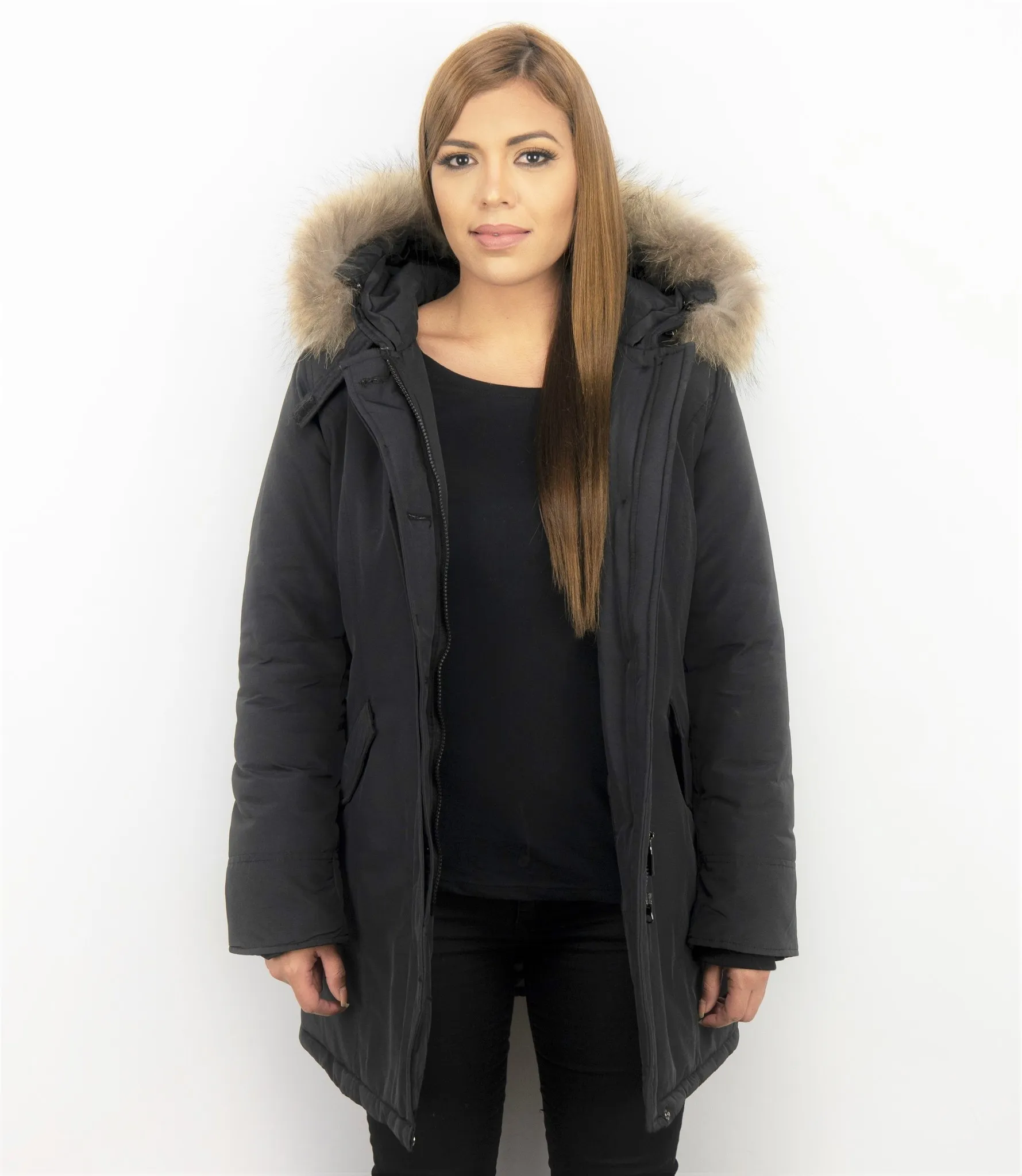 TheBrand Fur Collar Coat - Women's Winter Coat Wooly Long - Parka Stitch Pockets - Black