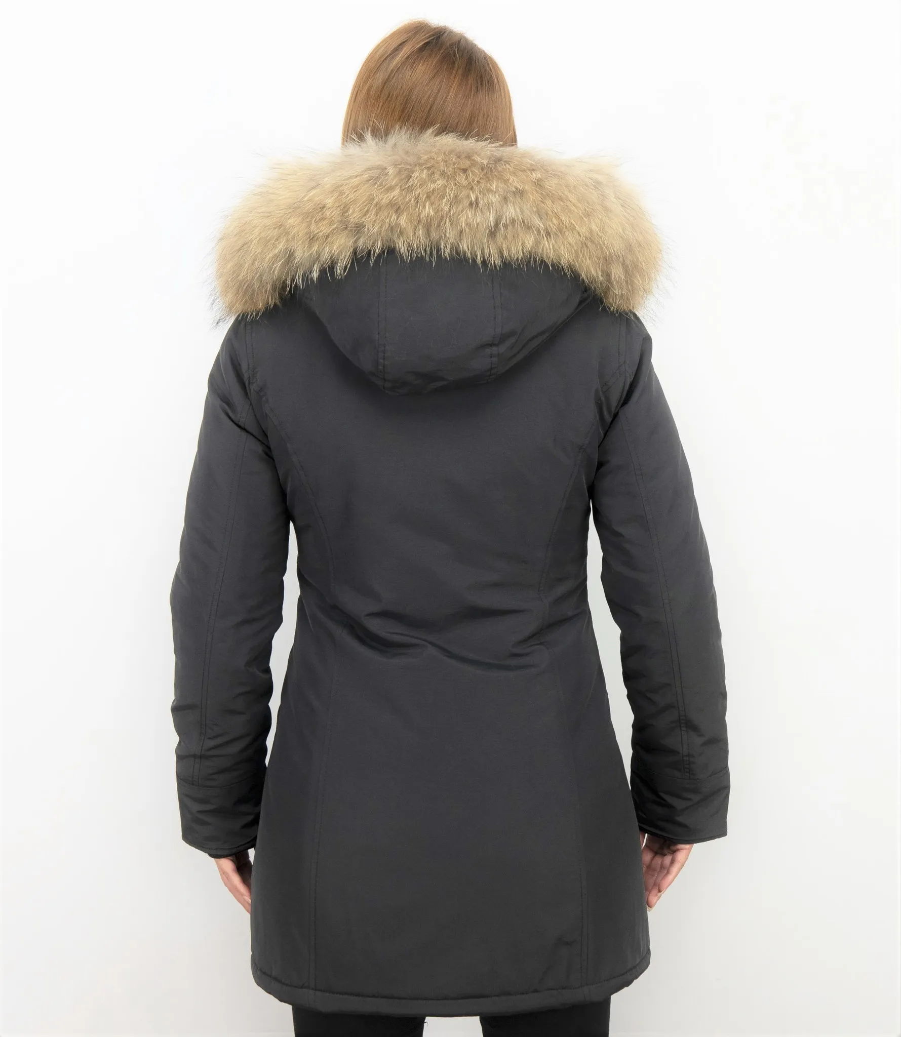 TheBrand Fur Collar Coat - Women's Winter Coat Wooly Long - Parka Stitch Pockets - Black