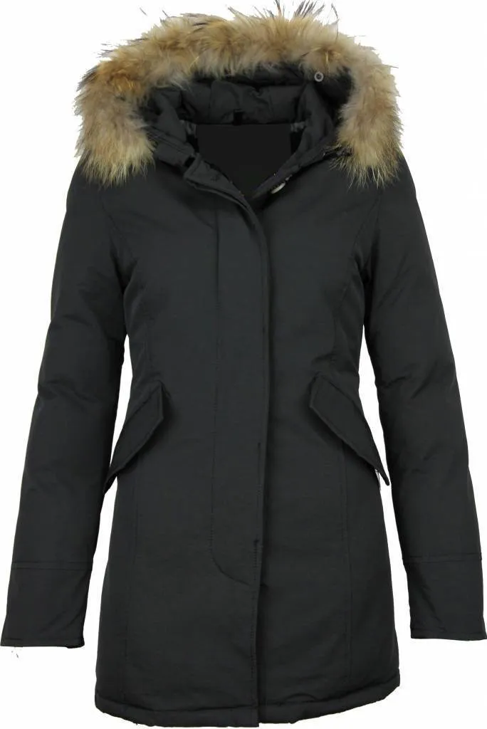 TheBrand Fur Collar Coat - Women's Winter Coat Wooly Long - Parka Stitch Pockets - Black